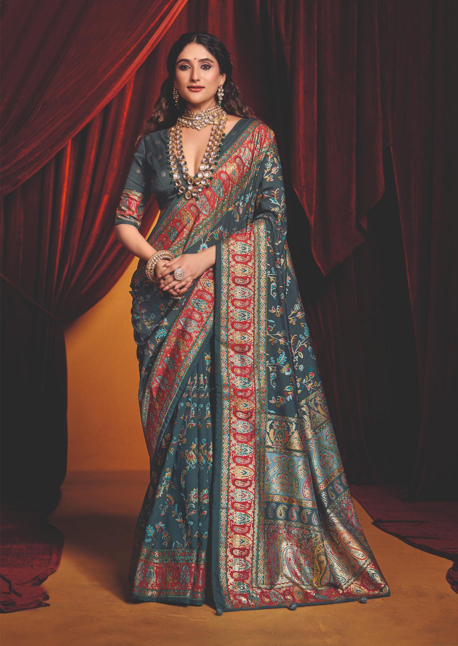 Charcoal Grey Tussar Silk Paisley Print Saree-4486