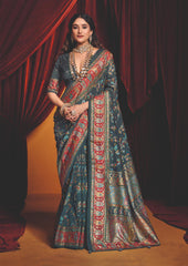 Charcoal Grey Tussar Silk Paisley Print Saree-4486