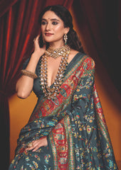Charcoal Grey Tussar Silk Paisley Print Saree-4486