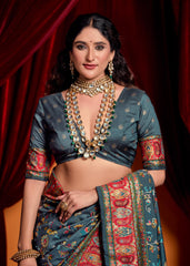 Charcoal Grey Tussar Silk Paisley Print Saree-4486