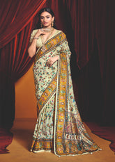 Off White Tussar Silk Paisley Print Saree-4487
