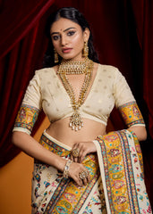 Off White Tussar Silk Paisley Print Saree-4487