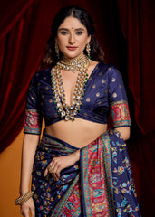 Navy Blue Tussar Silk Paisley Print Saree-4488