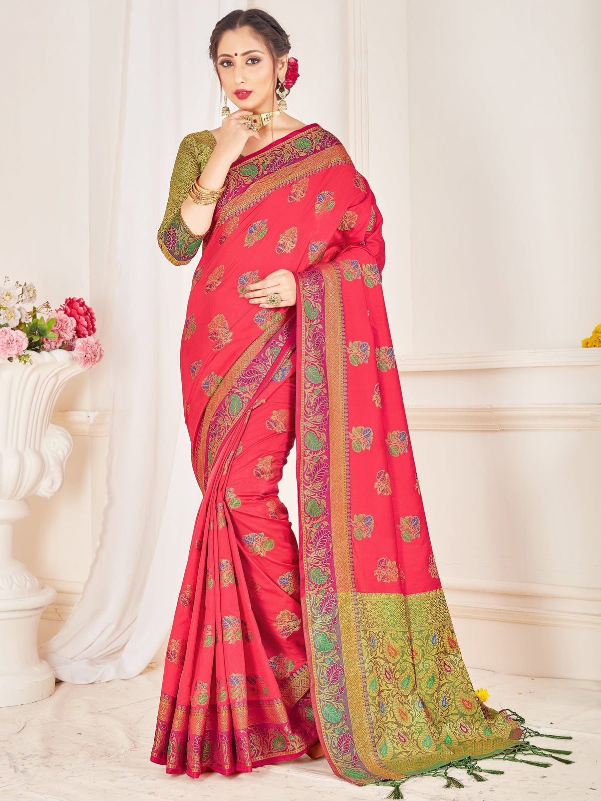 Beautiful Peach Banarasi Art Silk Woven Saree 
