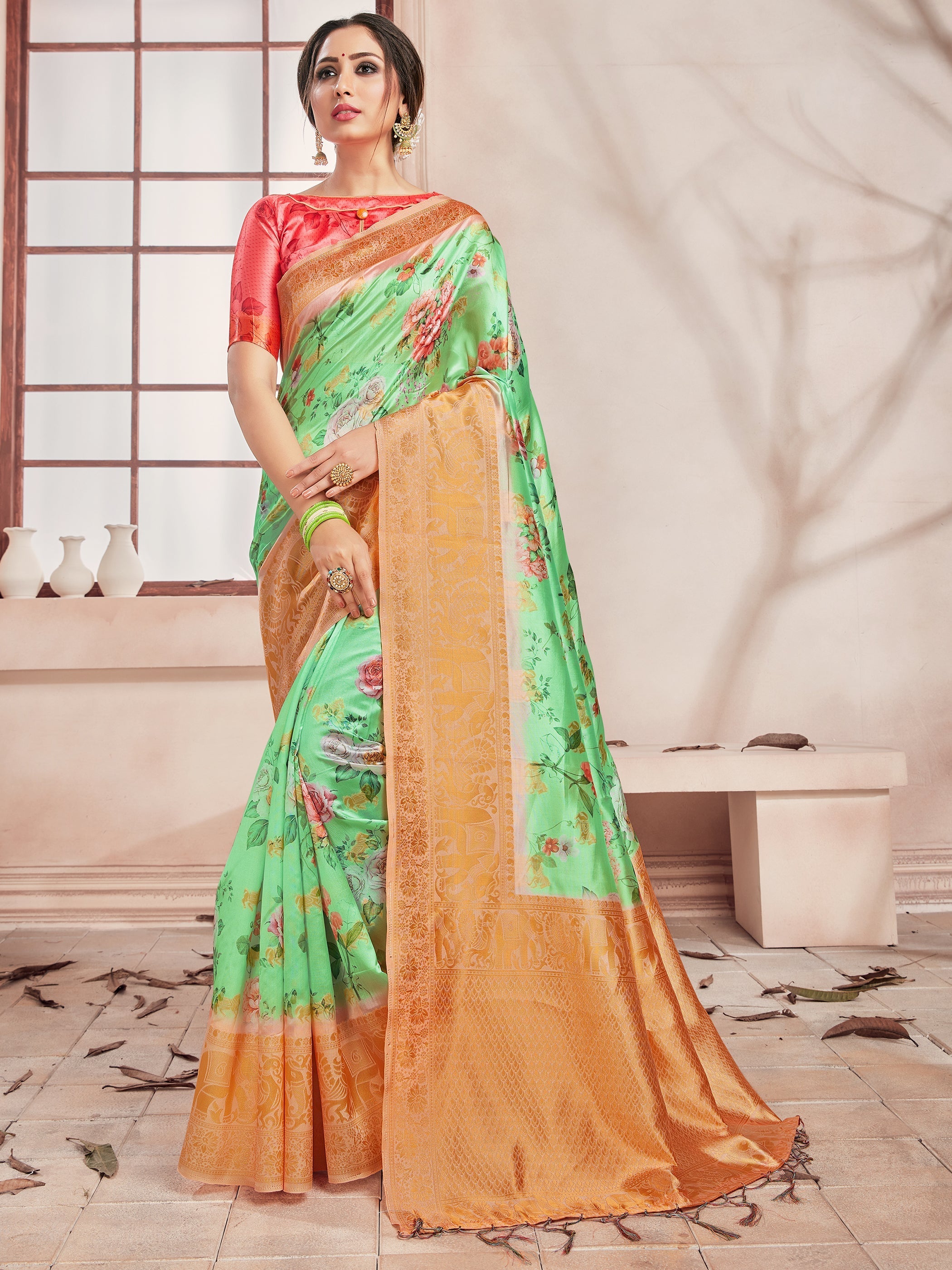 Stunning Green Banarasi Art Silk Digital Print with woven border Saree 
