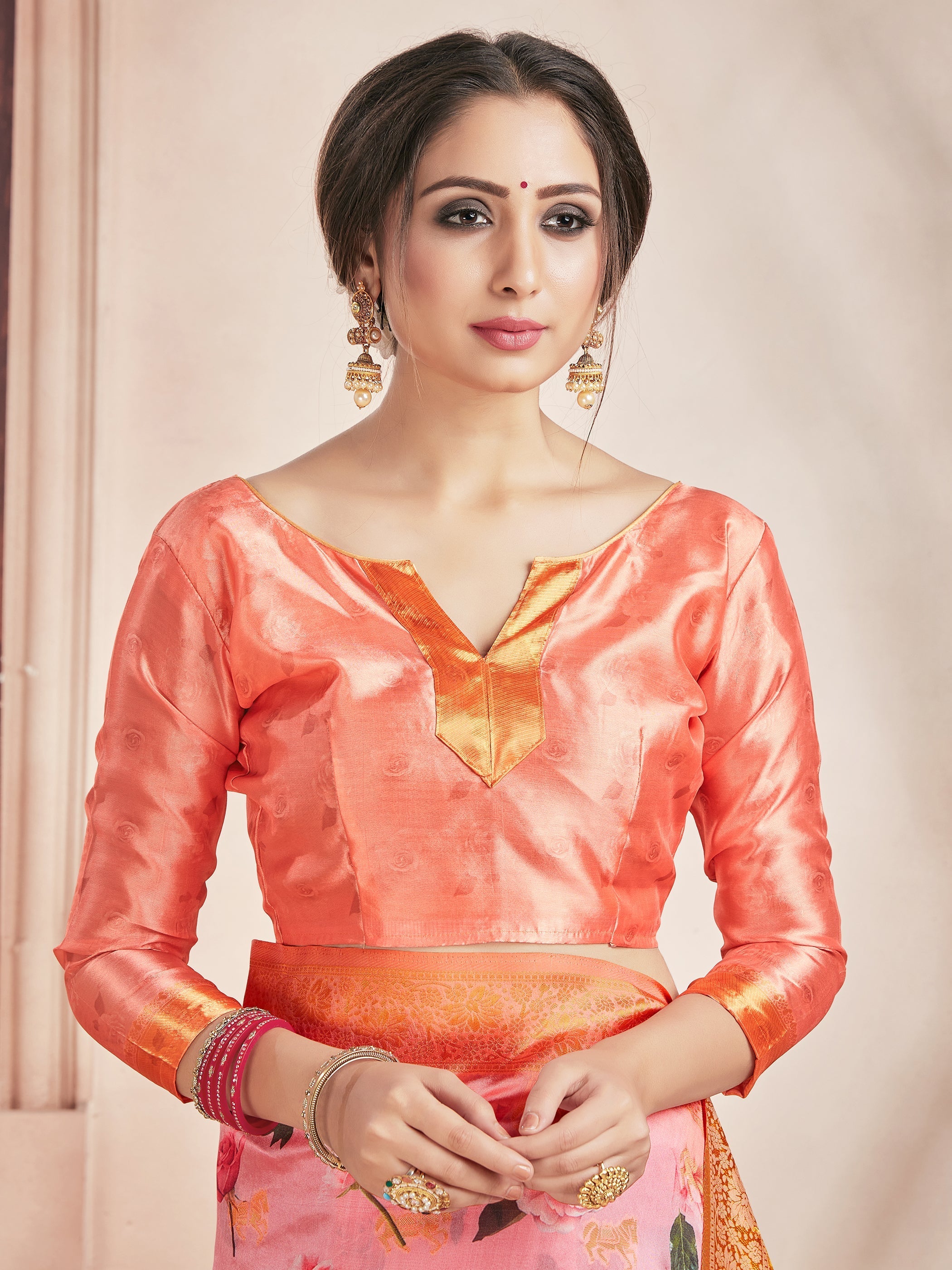 Beautiful Peach Banarasi Art Silk Digital Print with woven border Saree