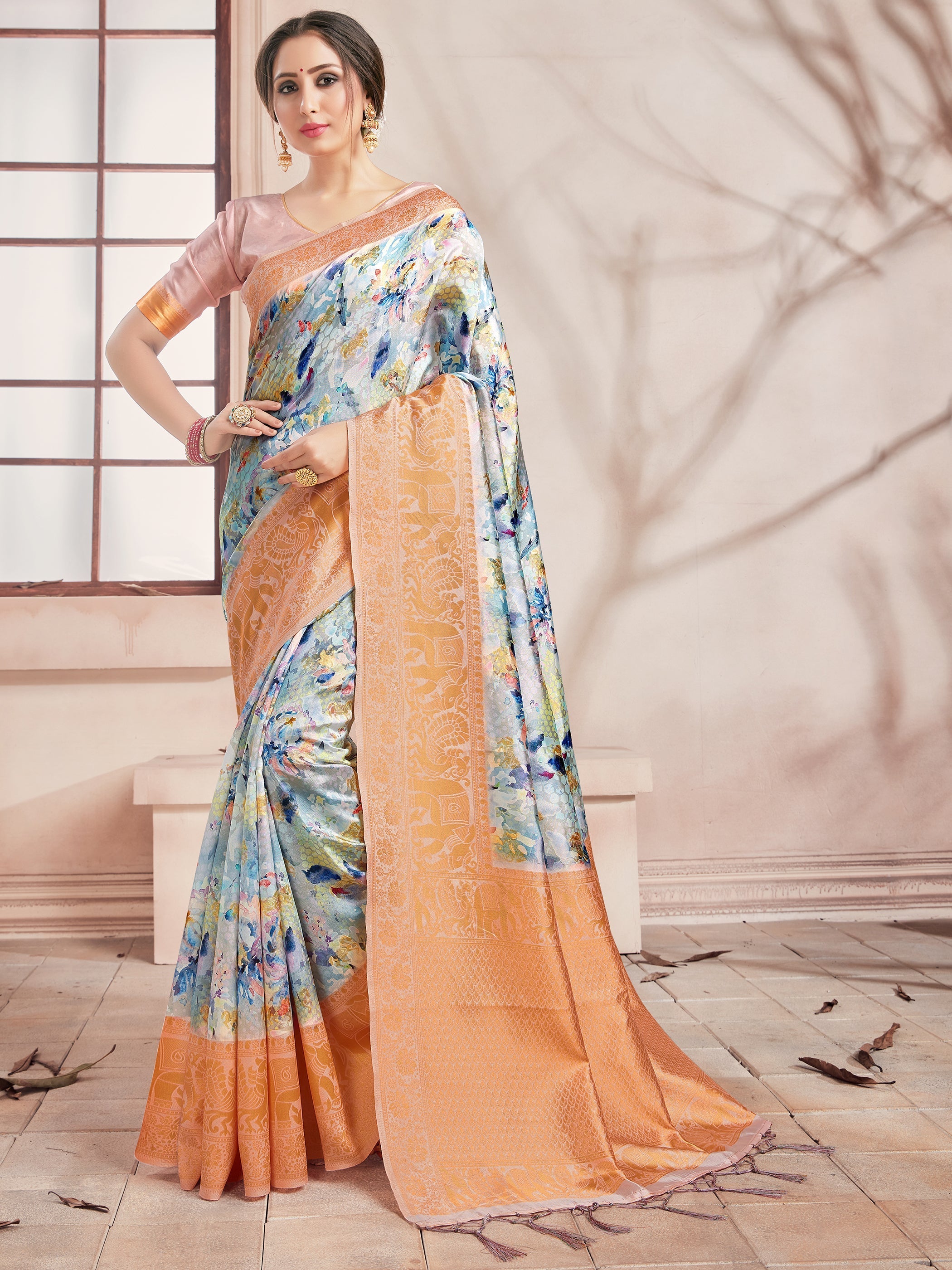 Elegant Off White Banarasi Art Silk Digital Print with woven border Saree 