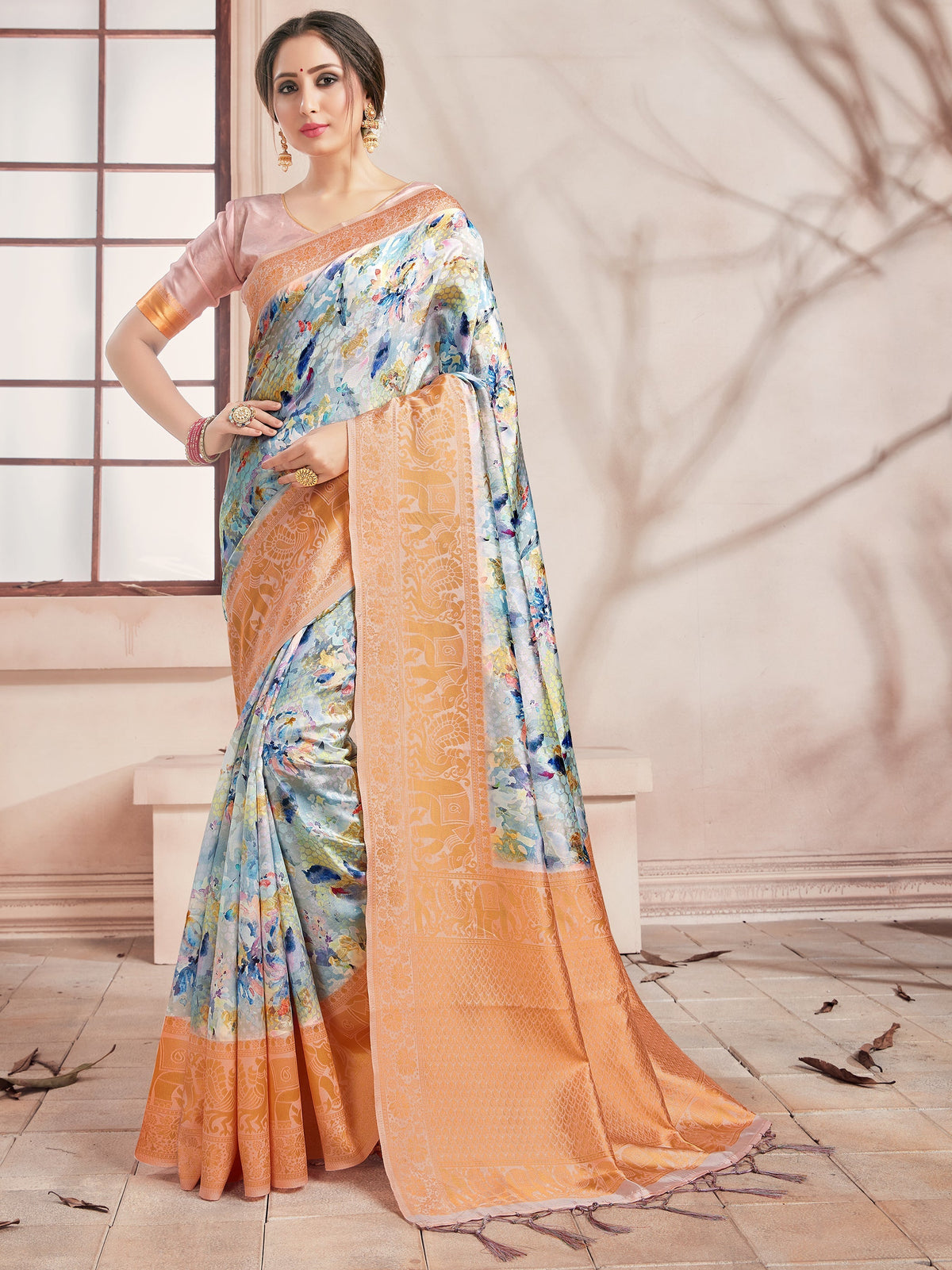 Elegant Off White Banarasi Art Silk Digital Print with woven border Saree 