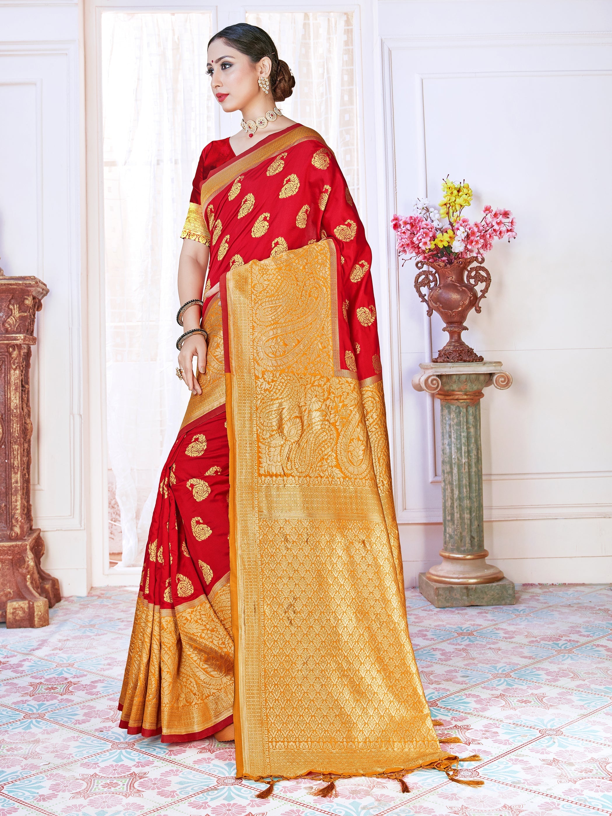 Elegant Red Banarasi Art Silk Woven Saree