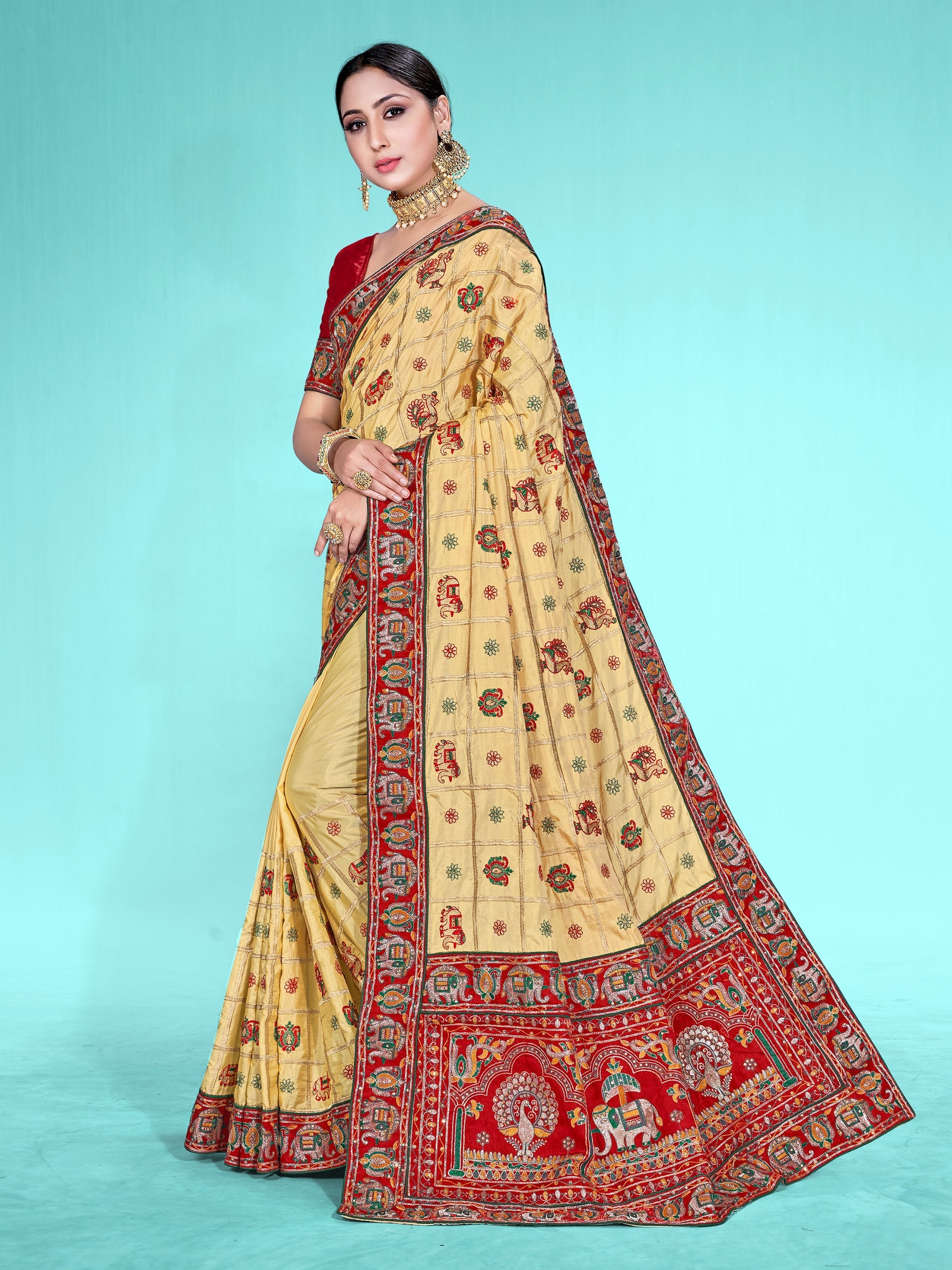 Elegant Beige Satin Silk Embroidered Saree