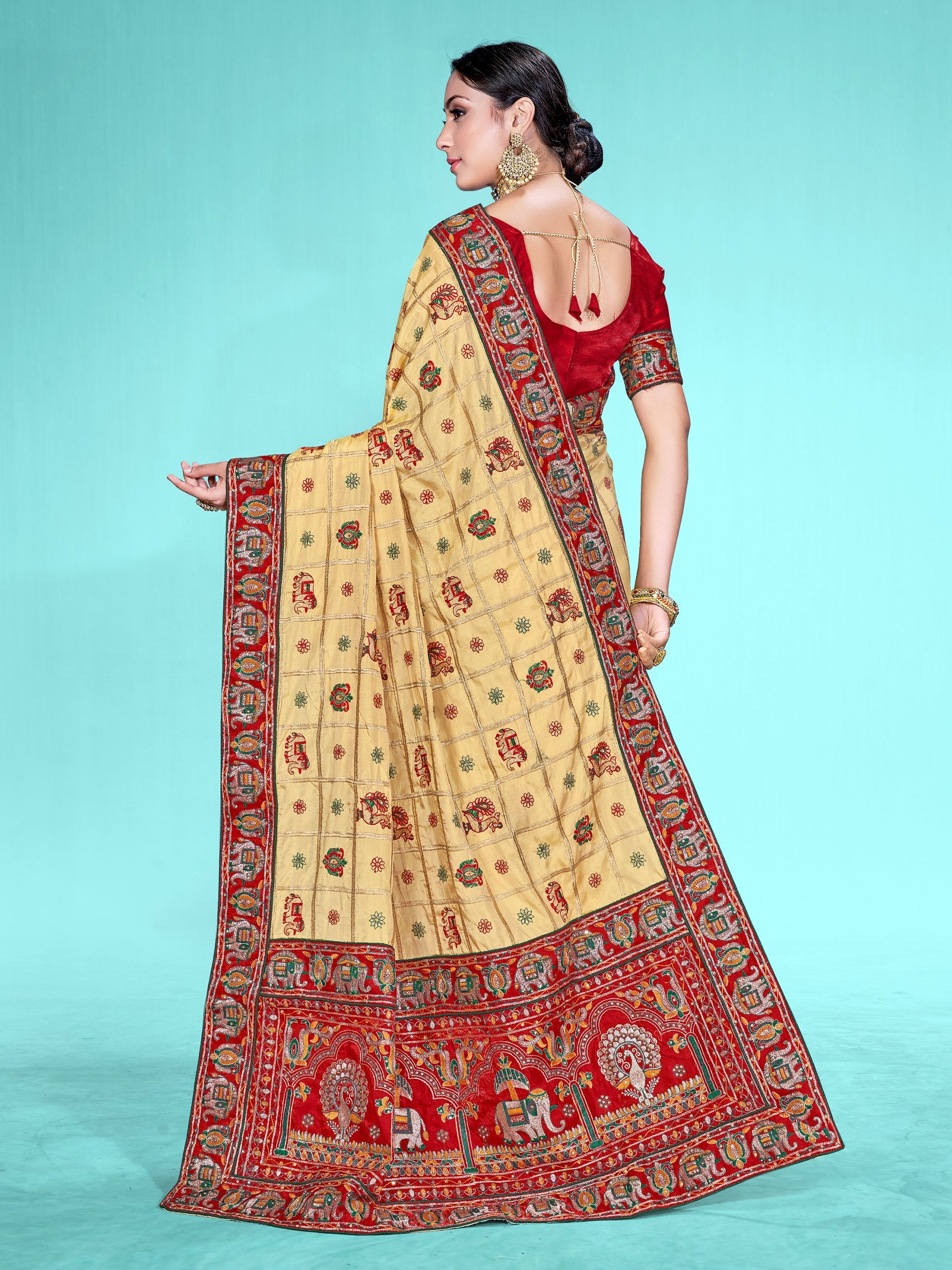 Elegant Beige Satin Silk Embroidered Saree