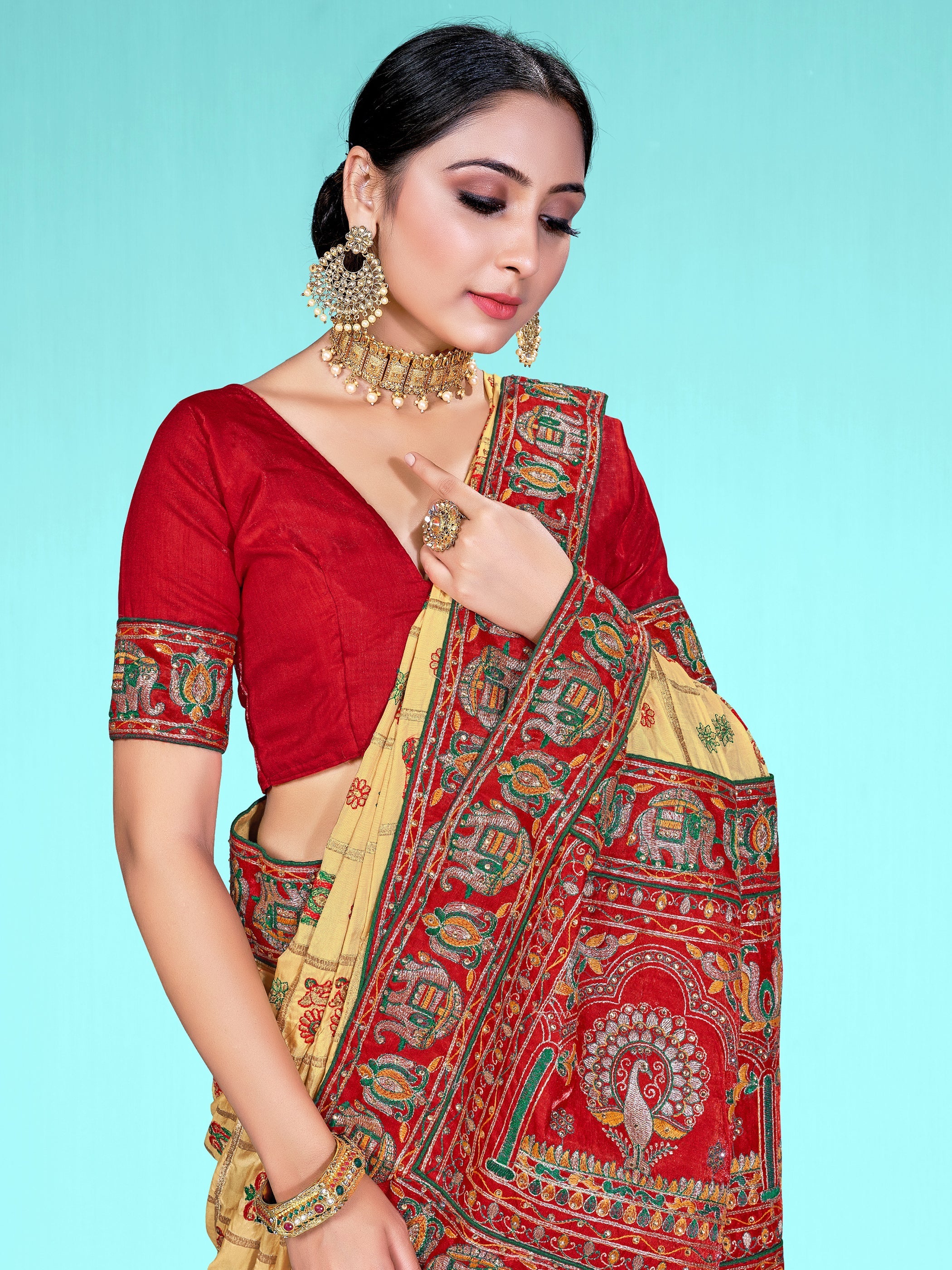Elegant Beige Satin Silk Embroidered Saree