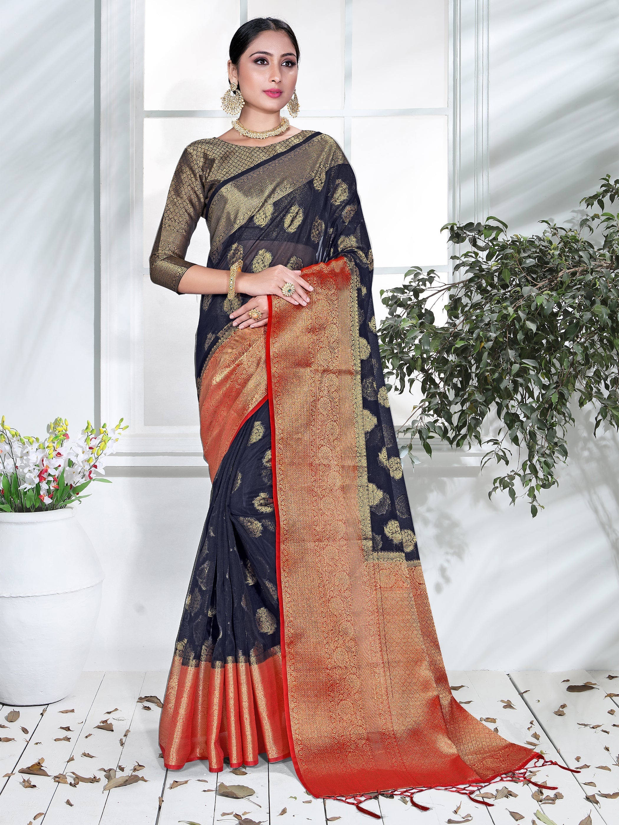 Luxurious Navy Blue Organza Silk Woven Design Saree 