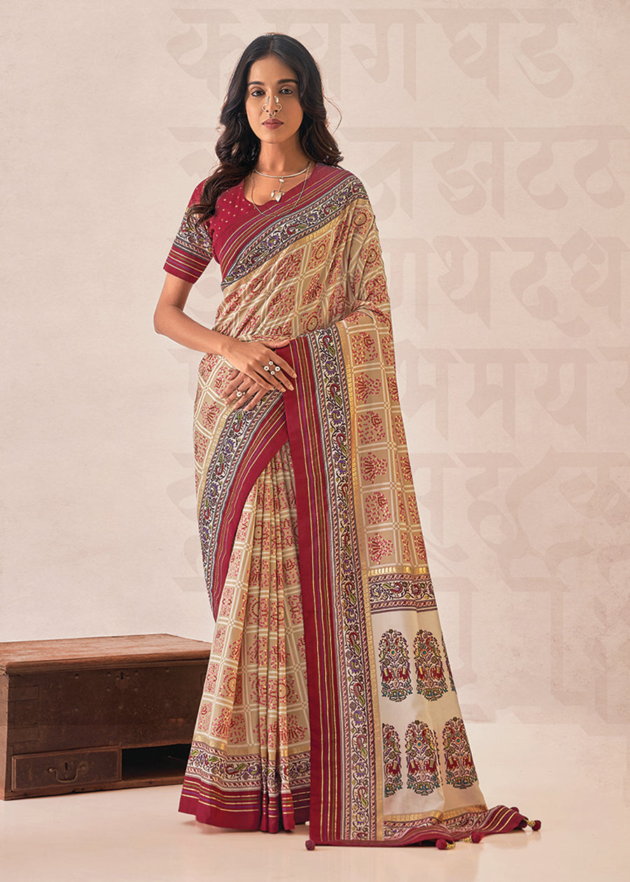 Cream Cotton Silk Foil Print Saree-3313