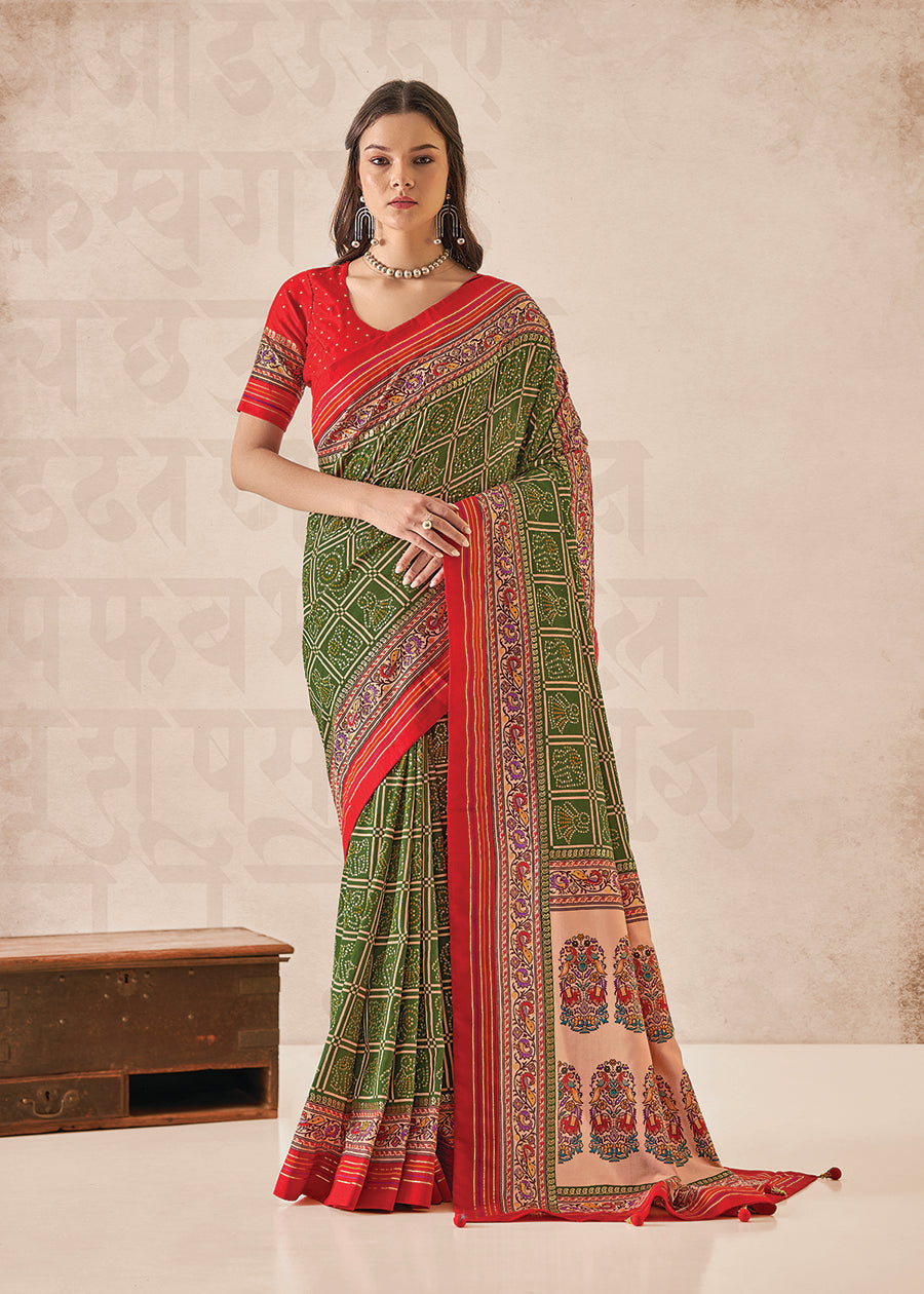 Elegant Green Cotton-Silk Foil Print Saree