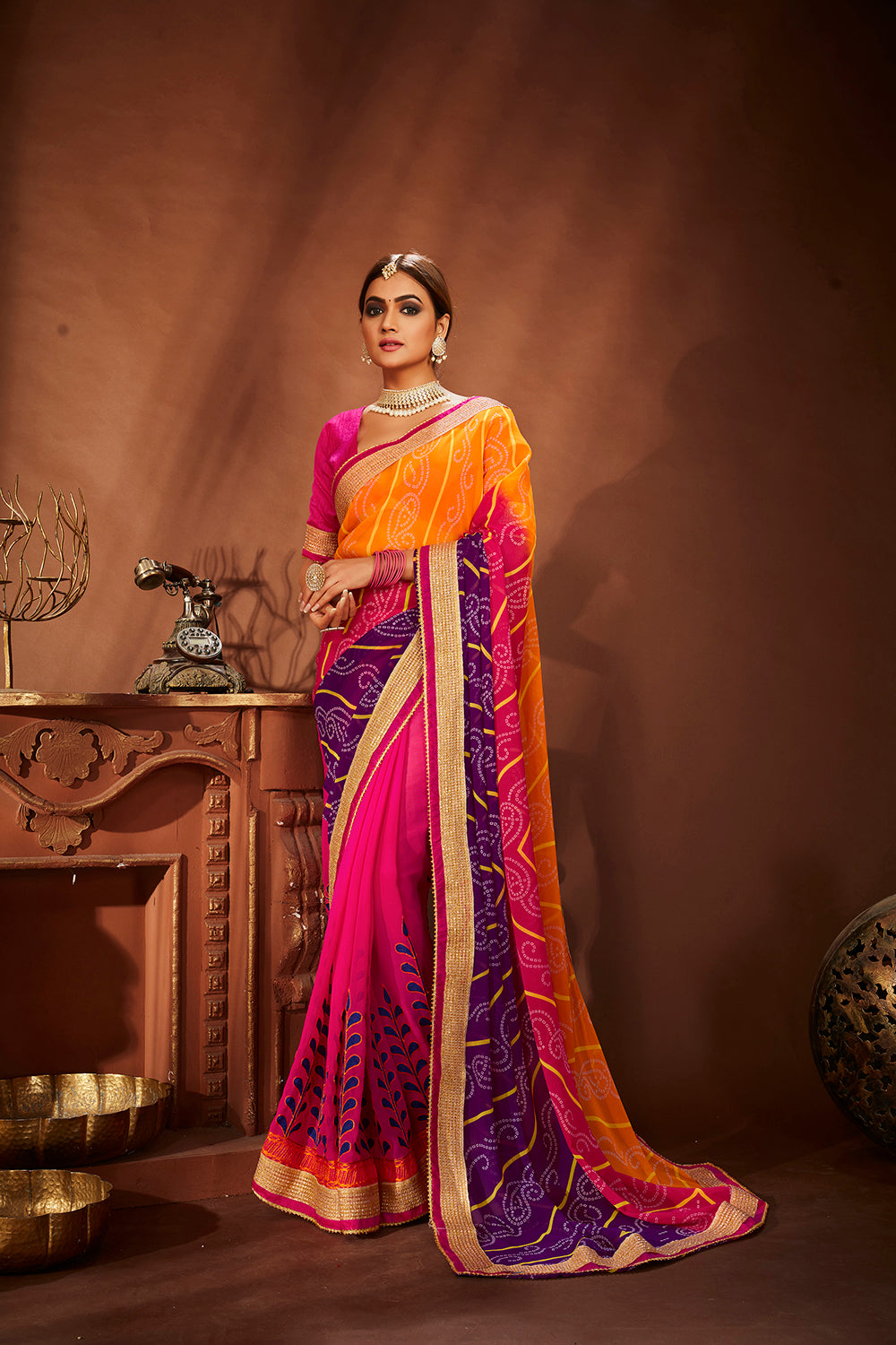 Elegant Pink Georgette Embroidery Saree