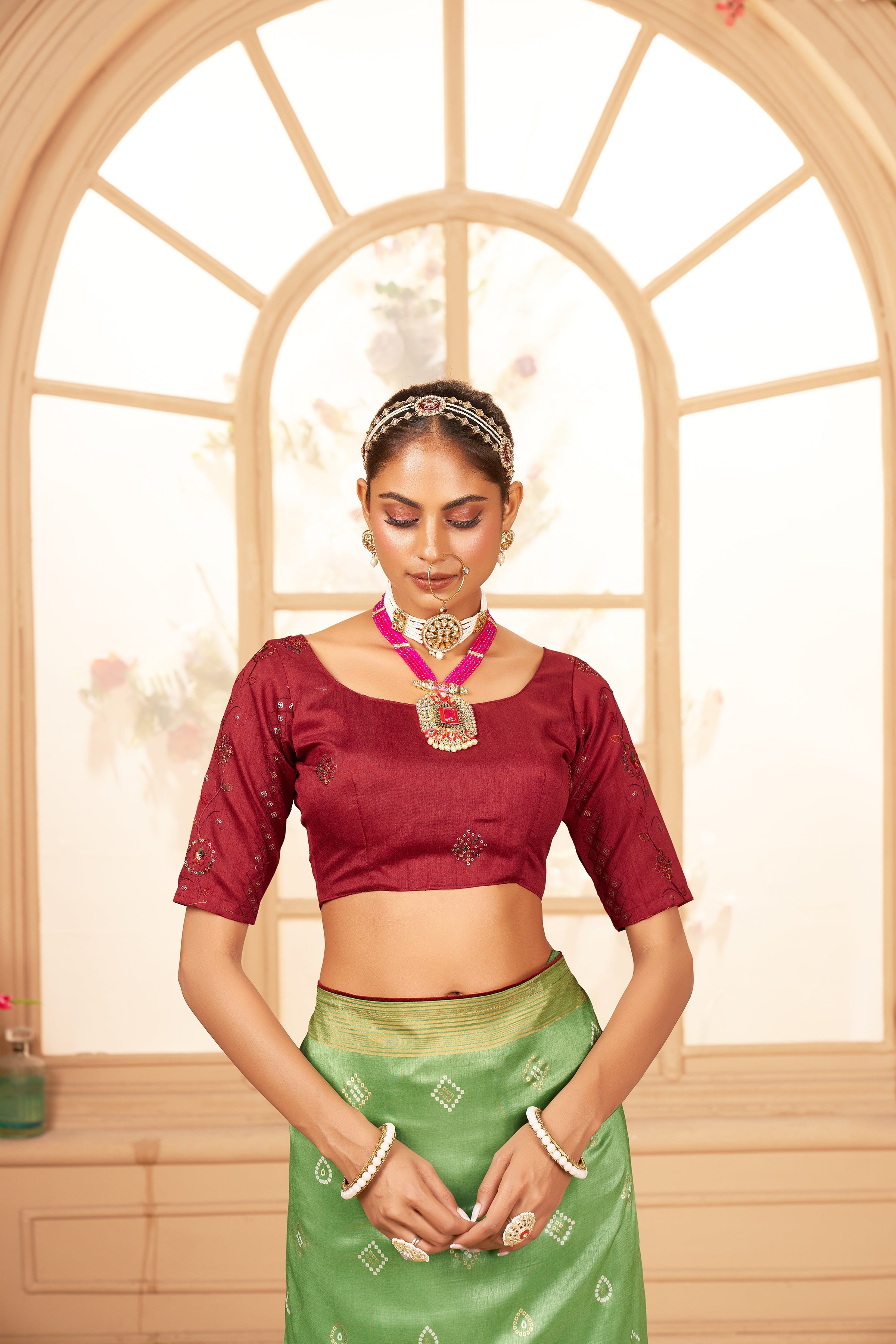 Shop Elegant Dull Green Cotton Silk Bandhani Print Saree