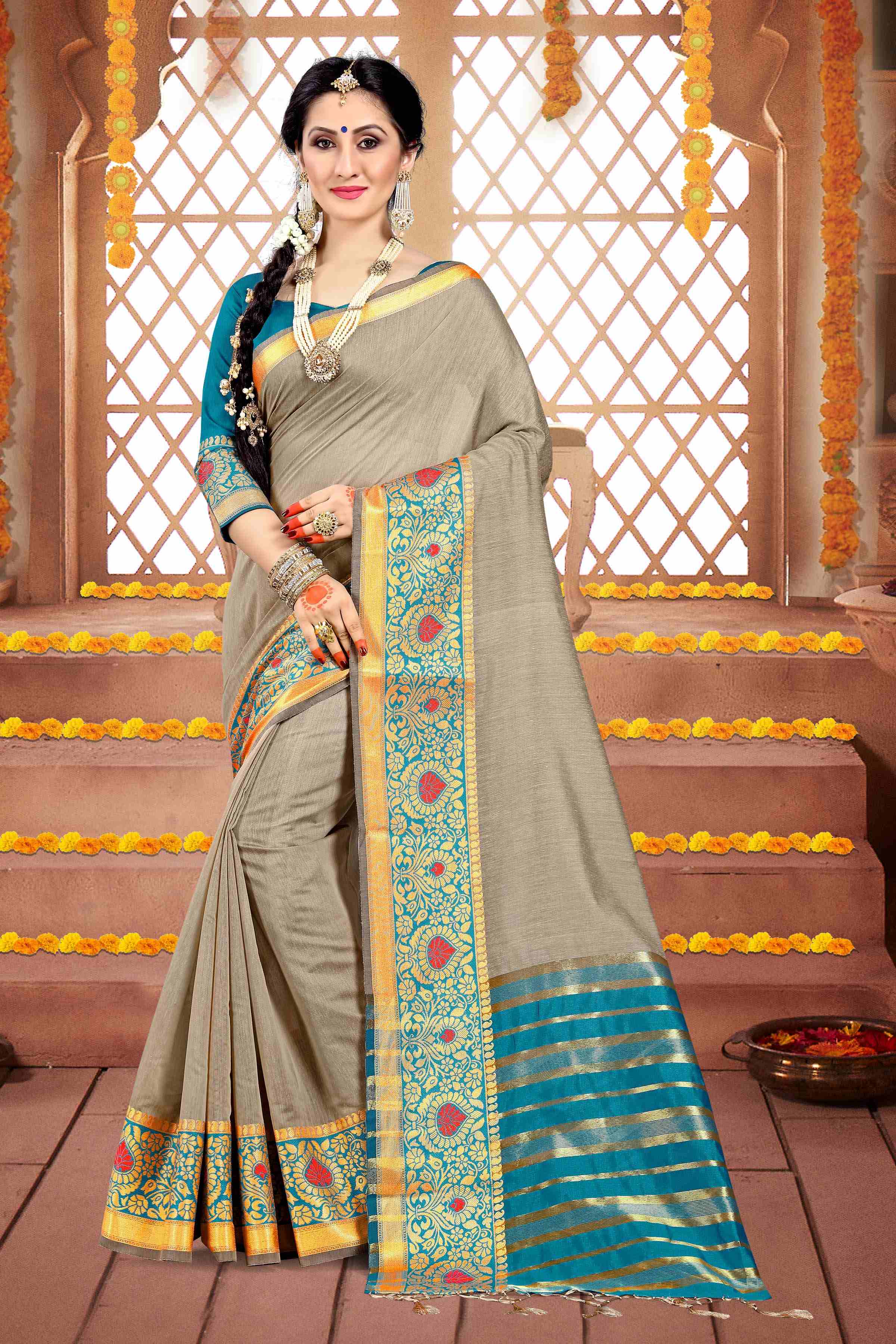  Grey Cotton Silk Woven Saree 