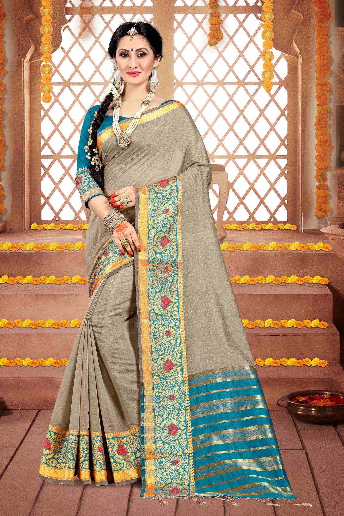  Grey Cotton Silk Woven Saree 