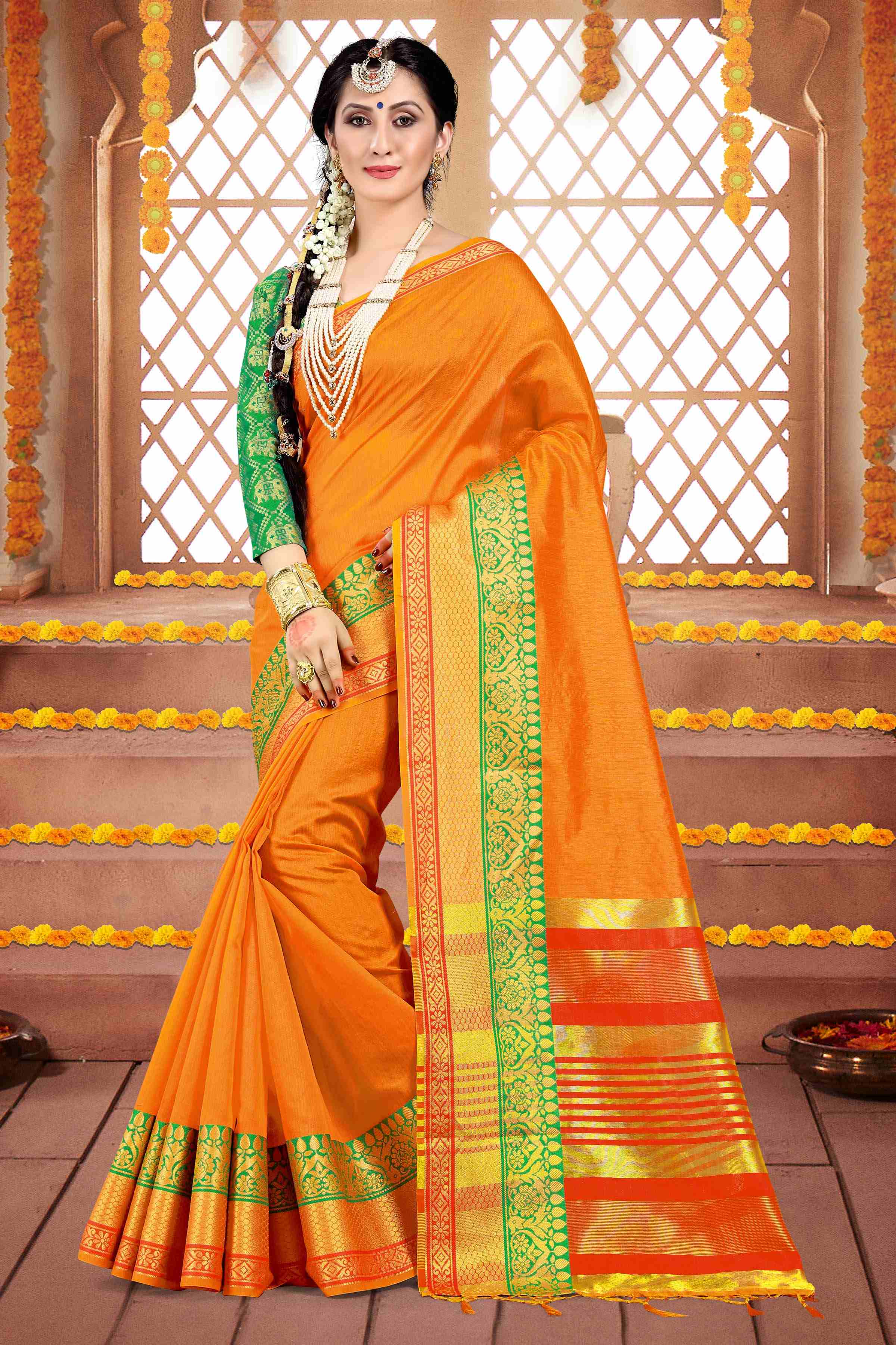 Shop Elegant Orange Cotton Silk Woven Saree 