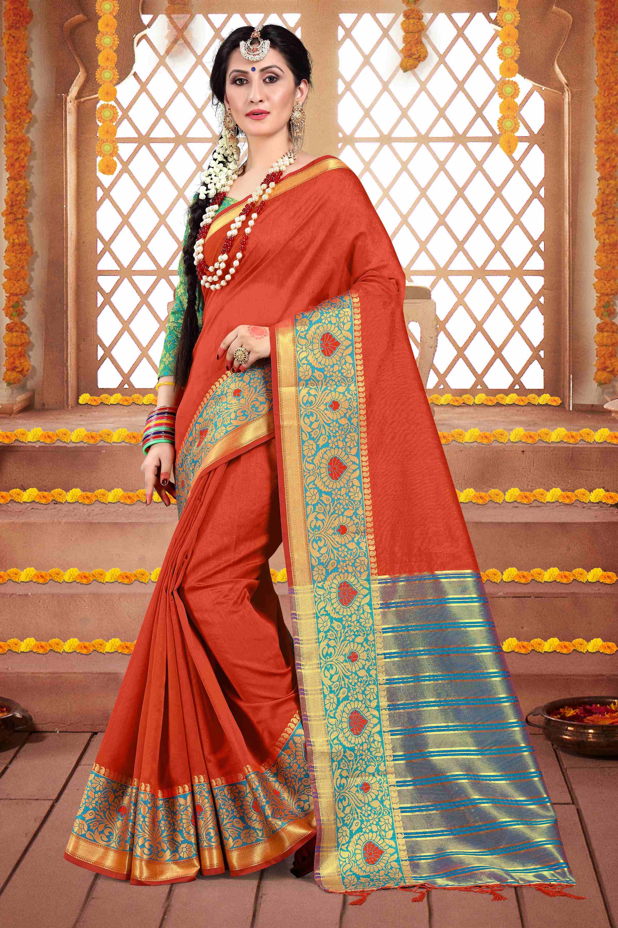 Shop Elegant Rust Cotton Silk Woven Saree 