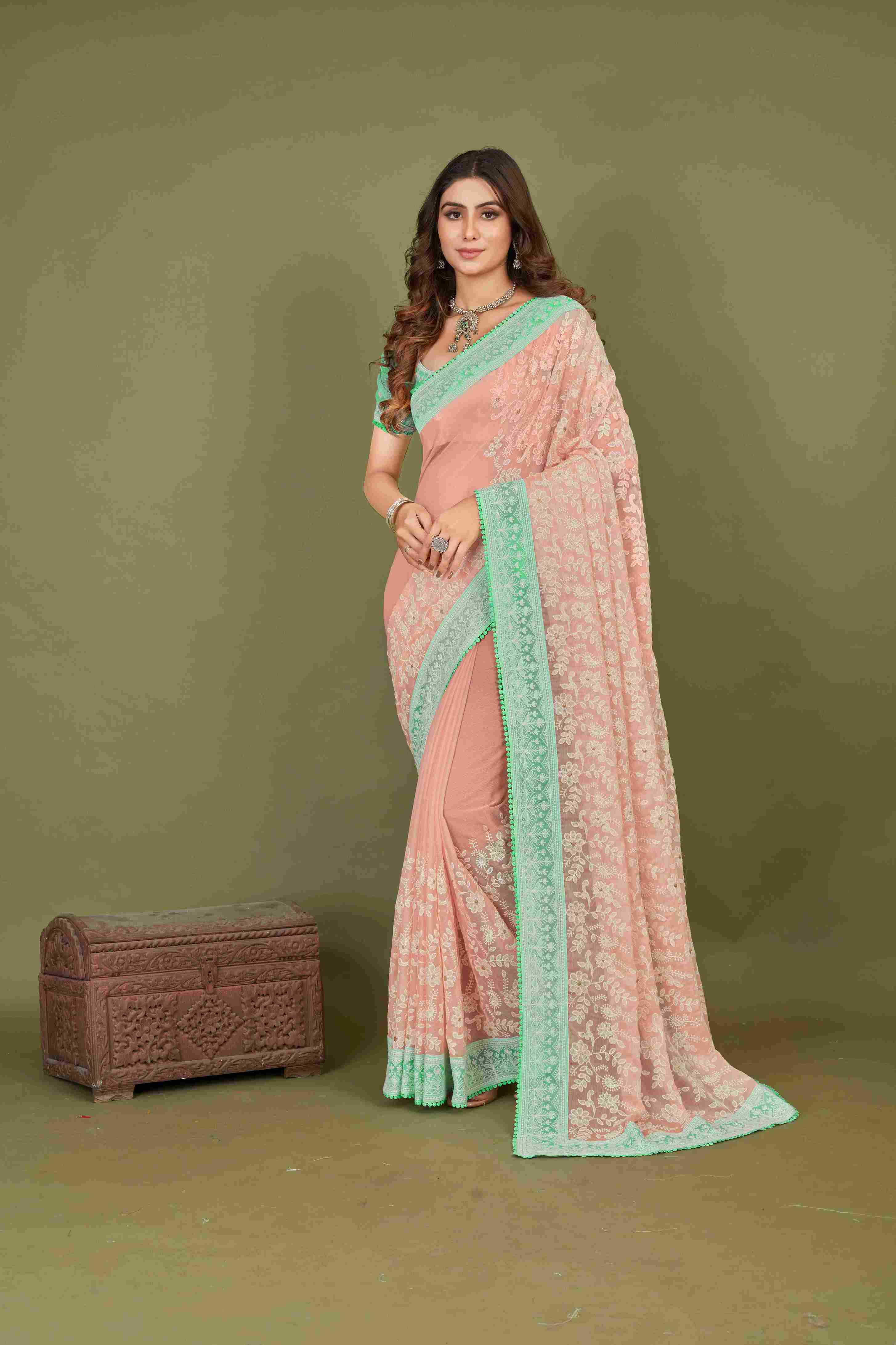 Shop Elegant Peach Chiffon Embroidery Saree 