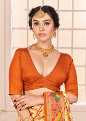 Orange Yellow Cotton Silk Ikkat Print Saree