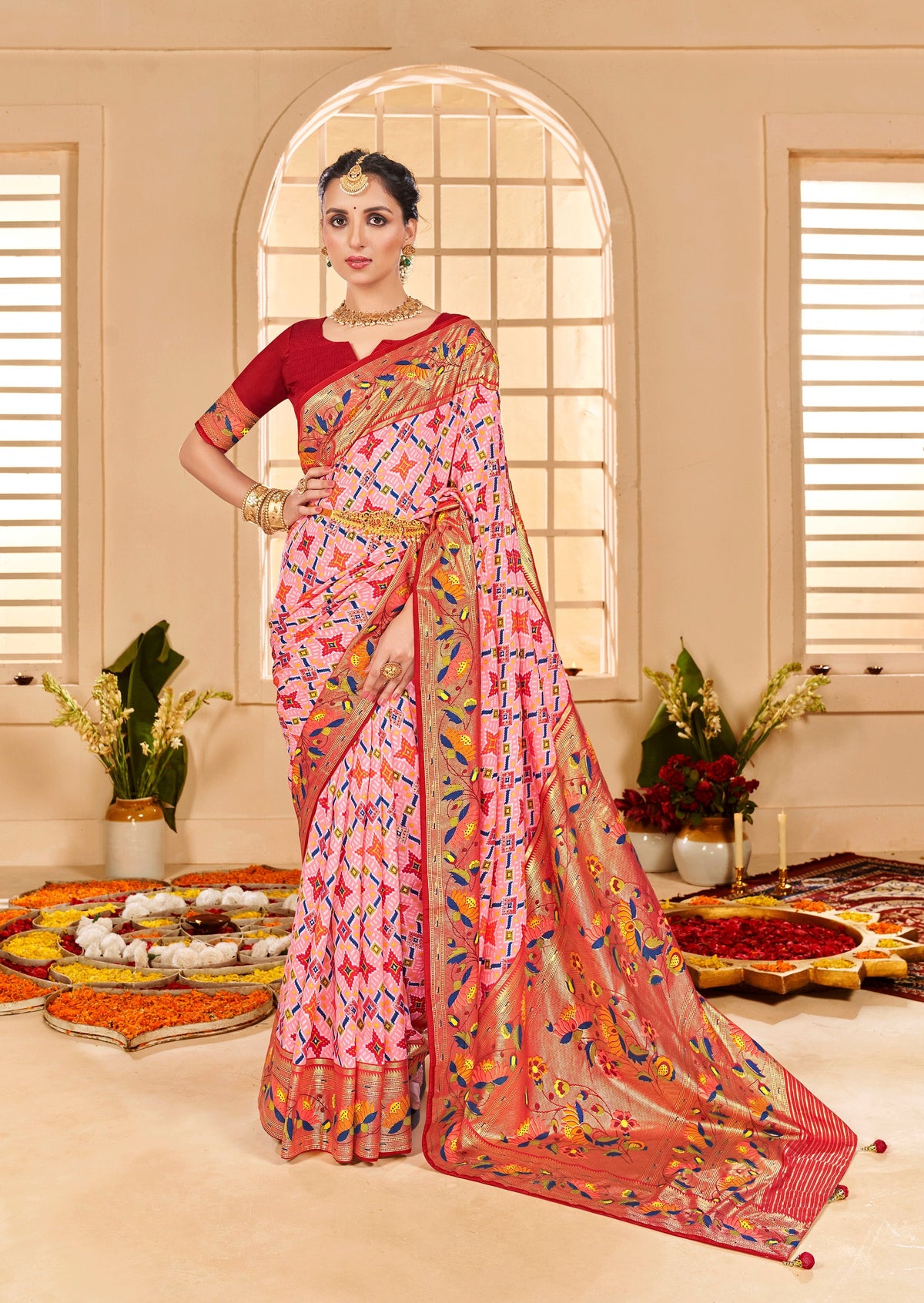 Shop Elegant Peachy Pink Cotton Silk Ikkat Print Saree 