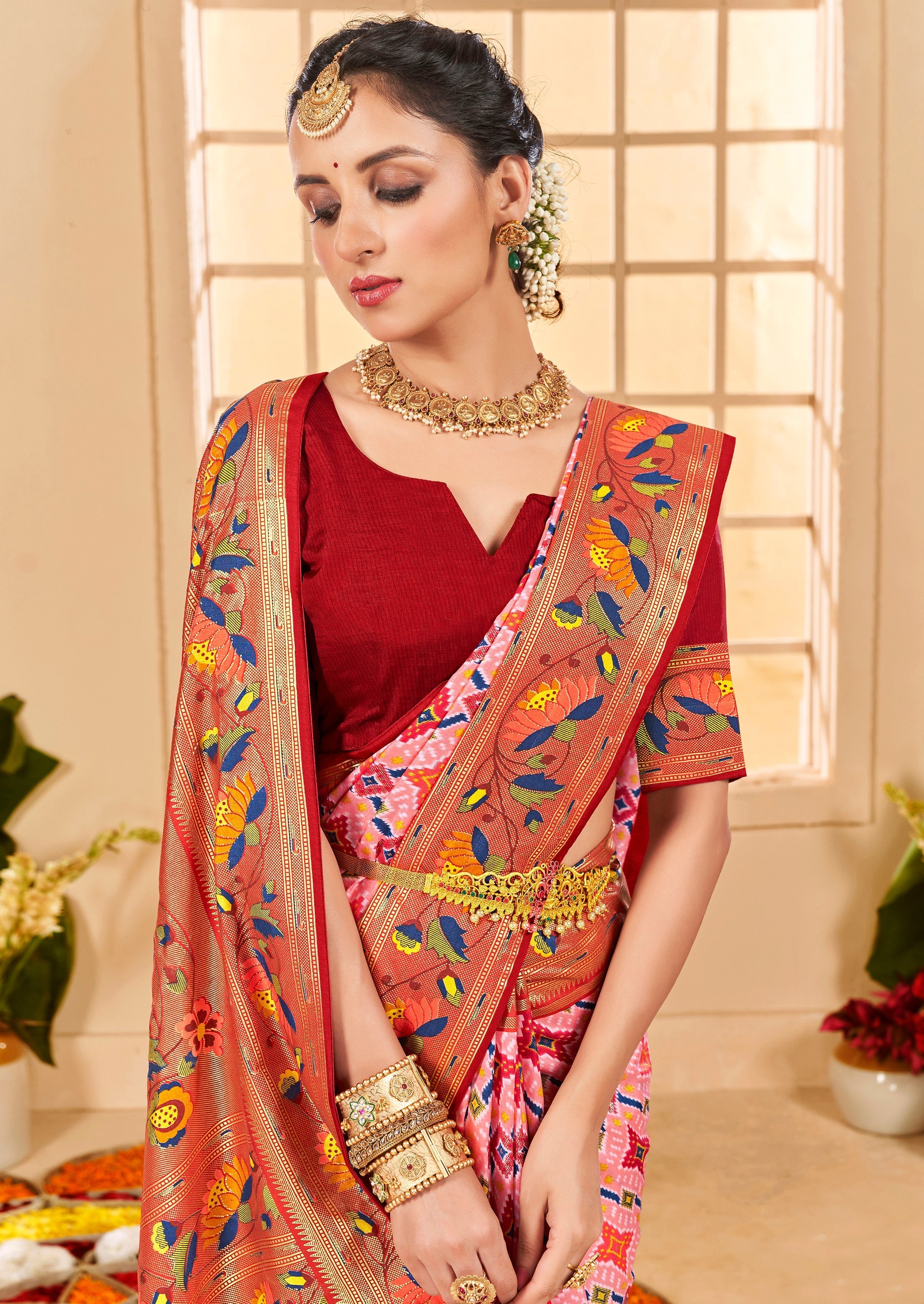 Shop Elegant Peachy Pink Cotton Silk Ikkat Print Saree