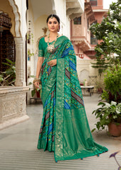 Teal Green Velvet Tussar Silk Floral Print Saree-3865