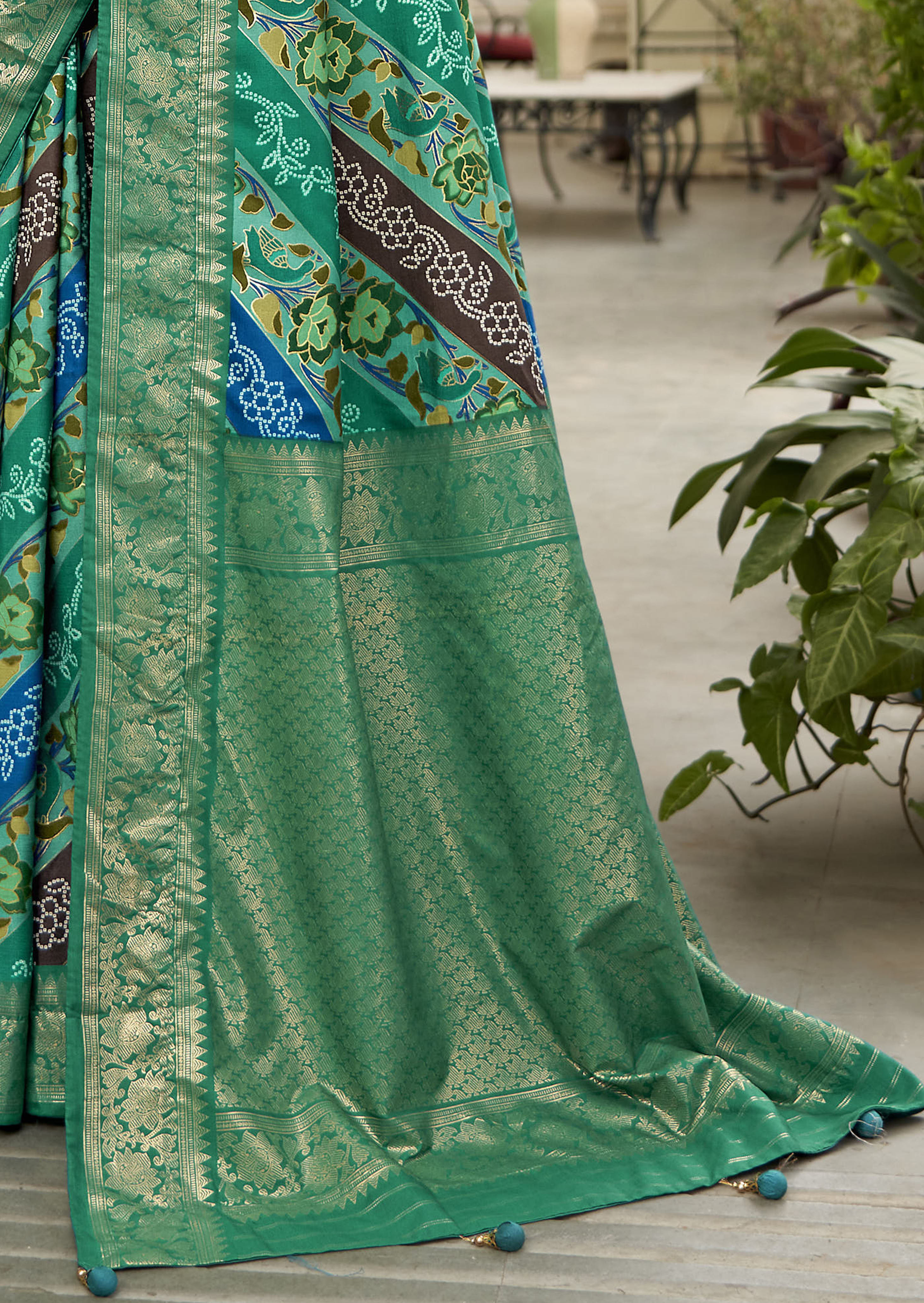 Teal Green Velvet Tussar Silk Floral Print Saree-3865