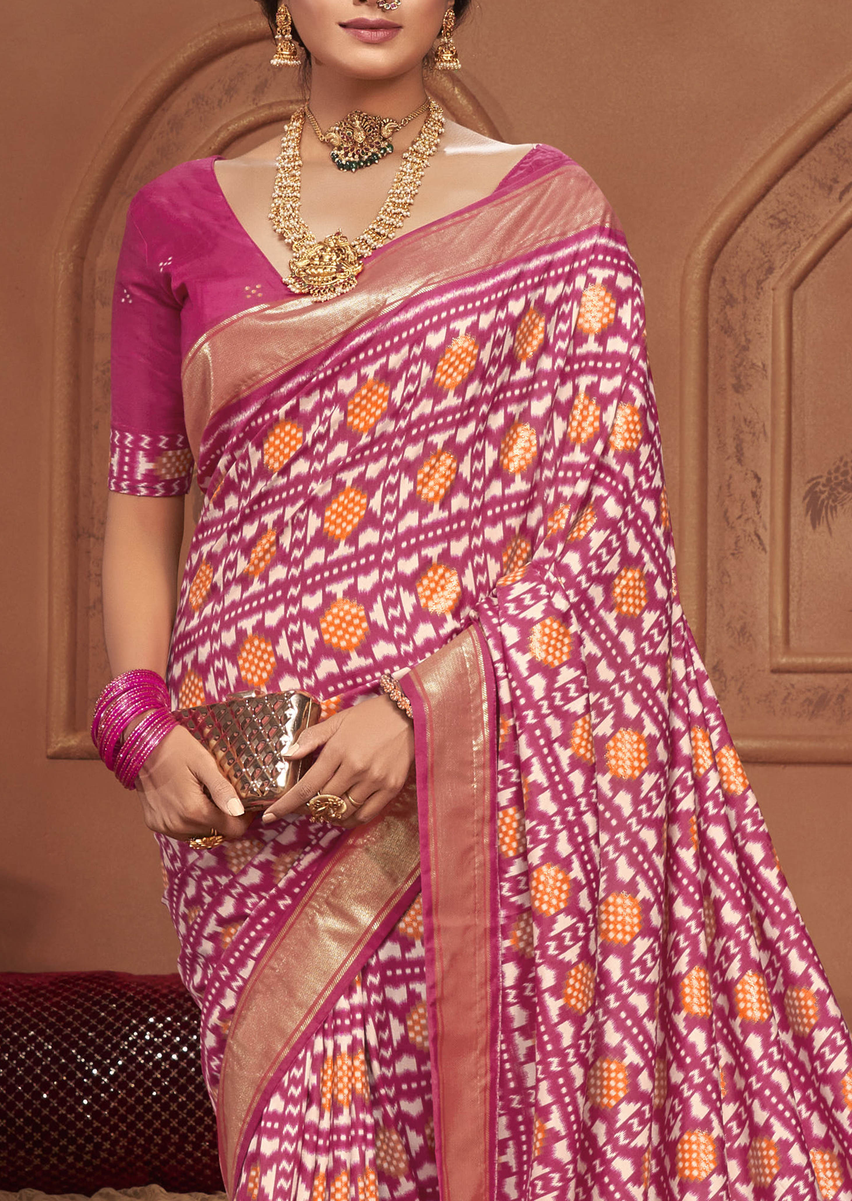Tulip Pink Ikkat Polka Dot Saree-3903