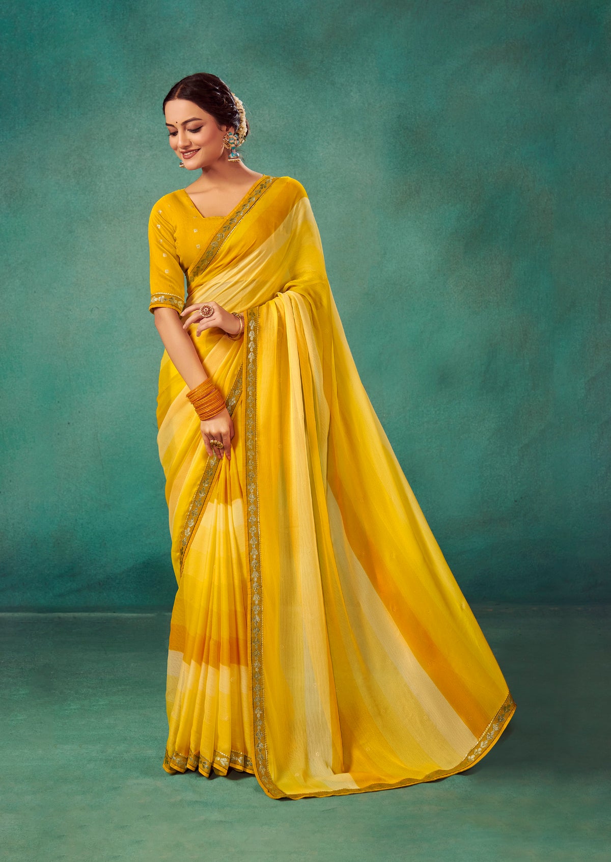 Shop Elegant Yellow Ochre Chiffon Solid Saree 