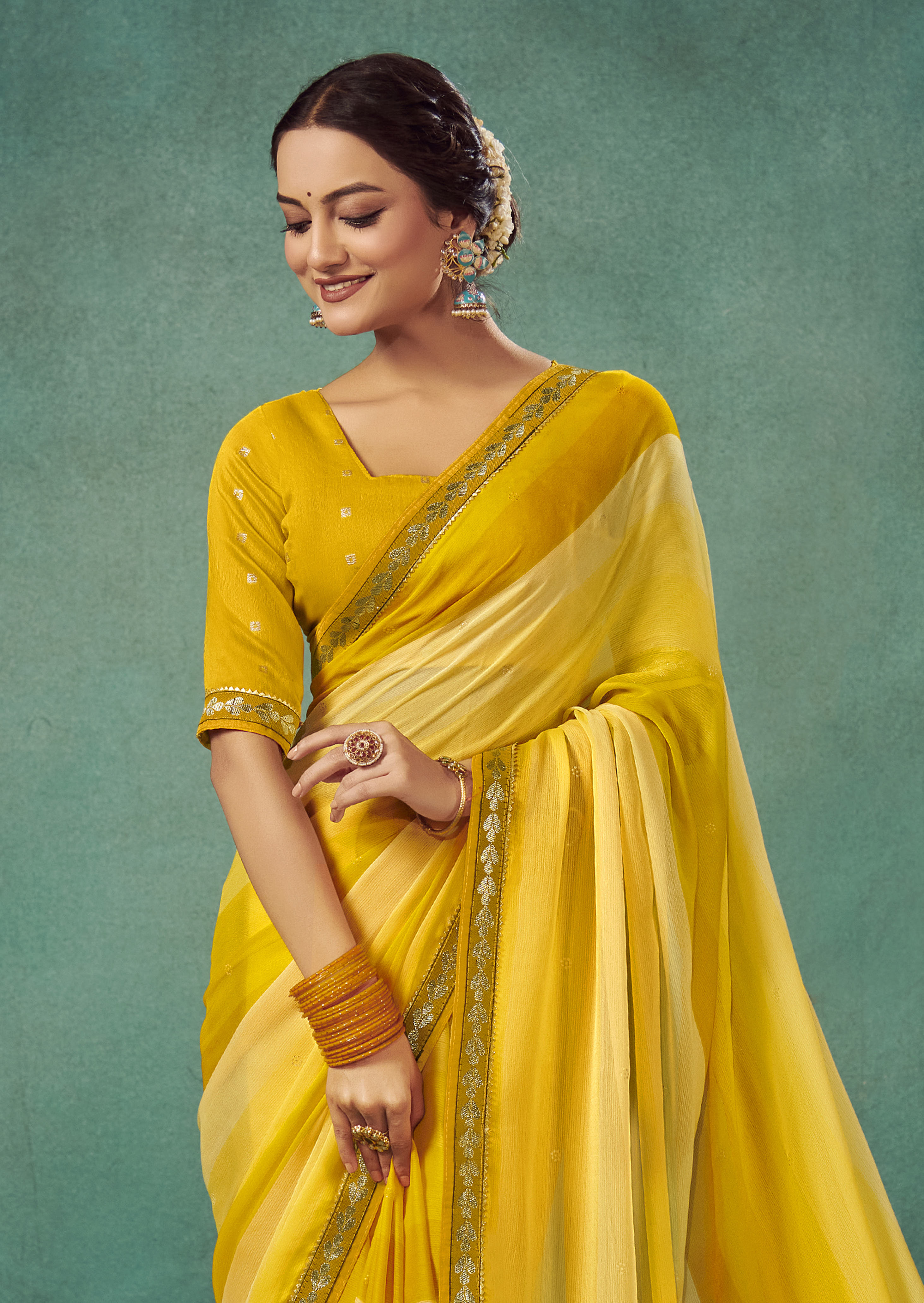 Shop Elegant Yellow Ochre Chiffon Solid Saree