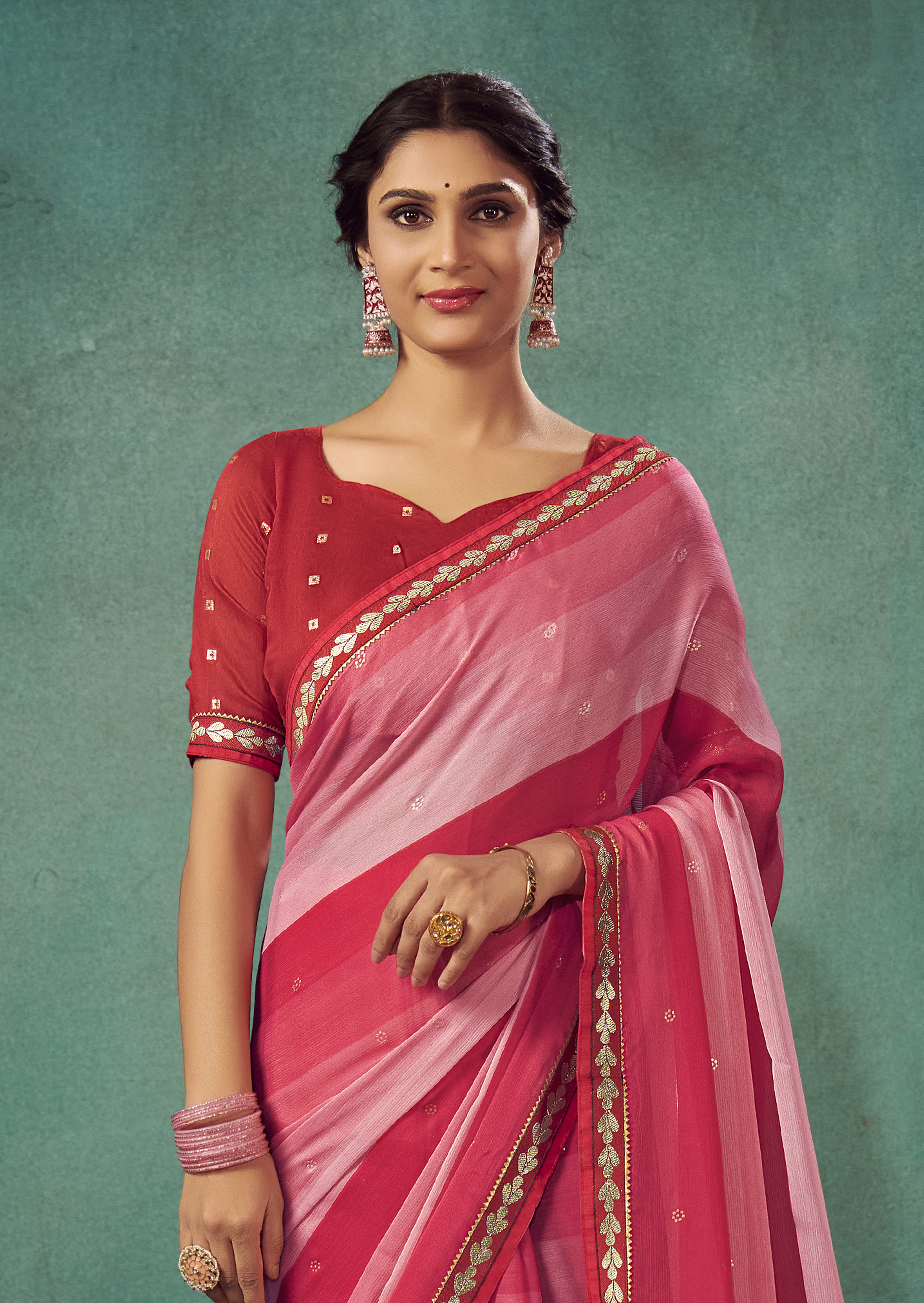 Shop Elegant Pastel Red Chiffon Solid Saree