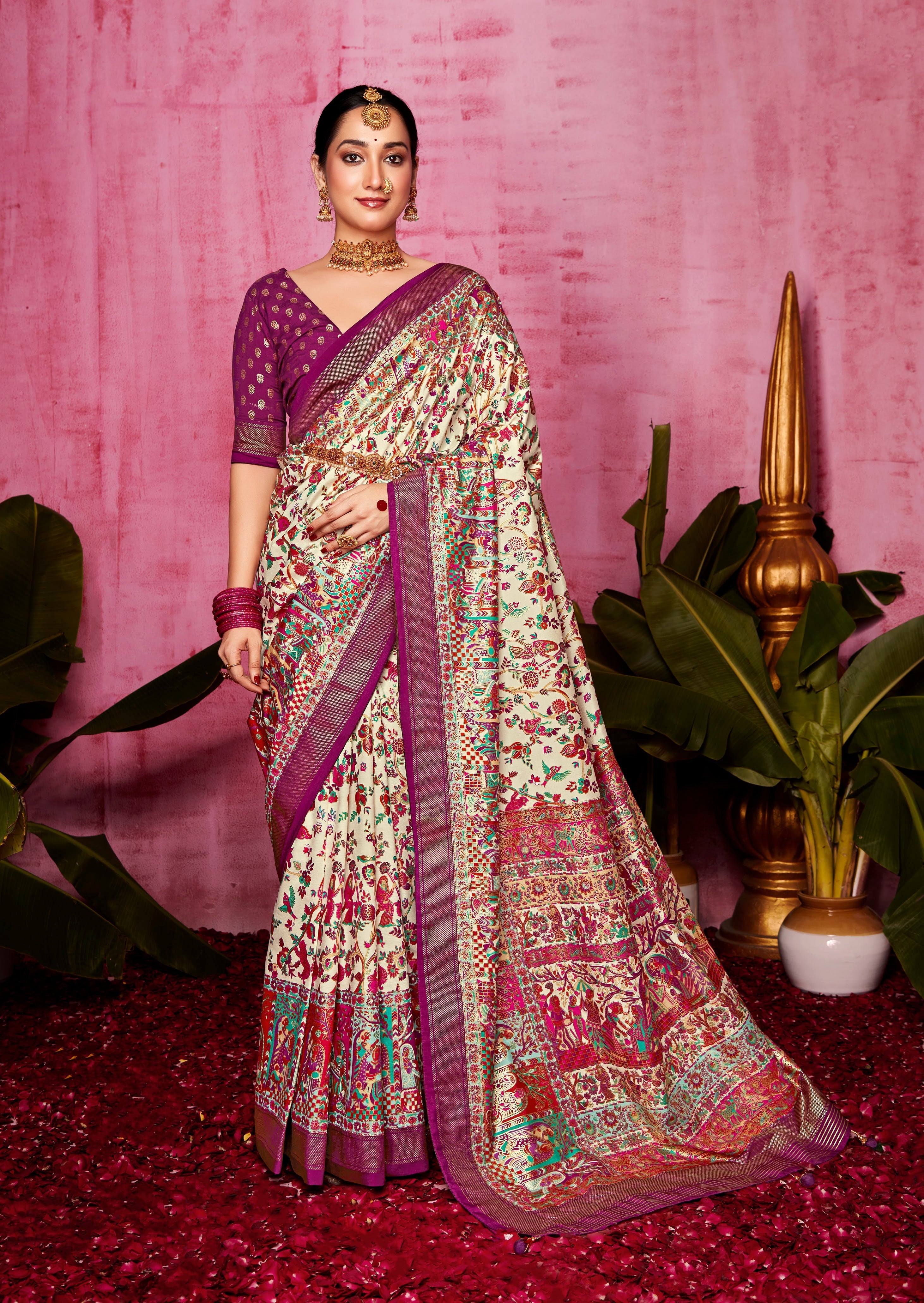 Shop Elegant Off White Tussar Silk Ethnic Motif Saree 