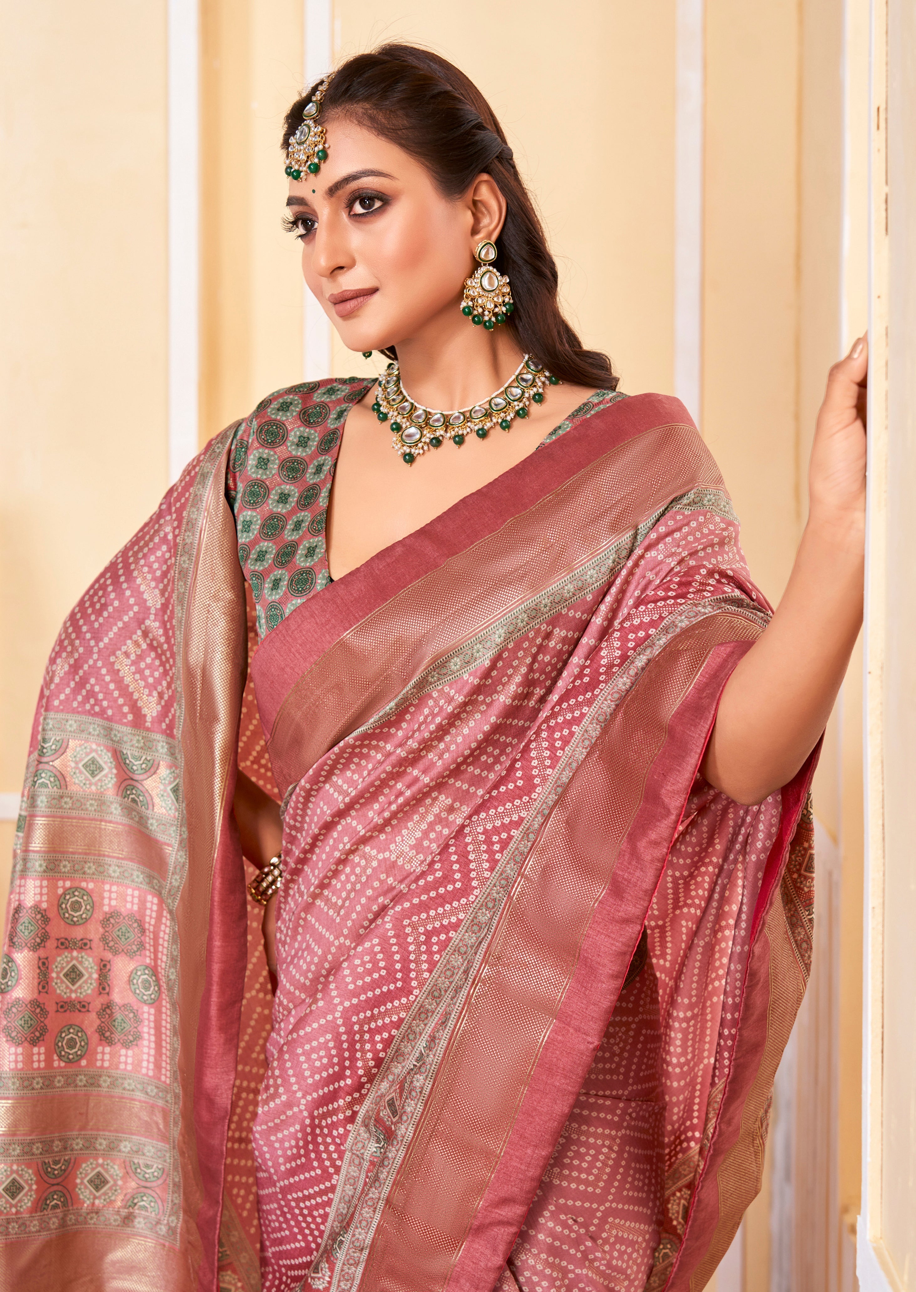 Pink Tussar Silk Bandhani Saree