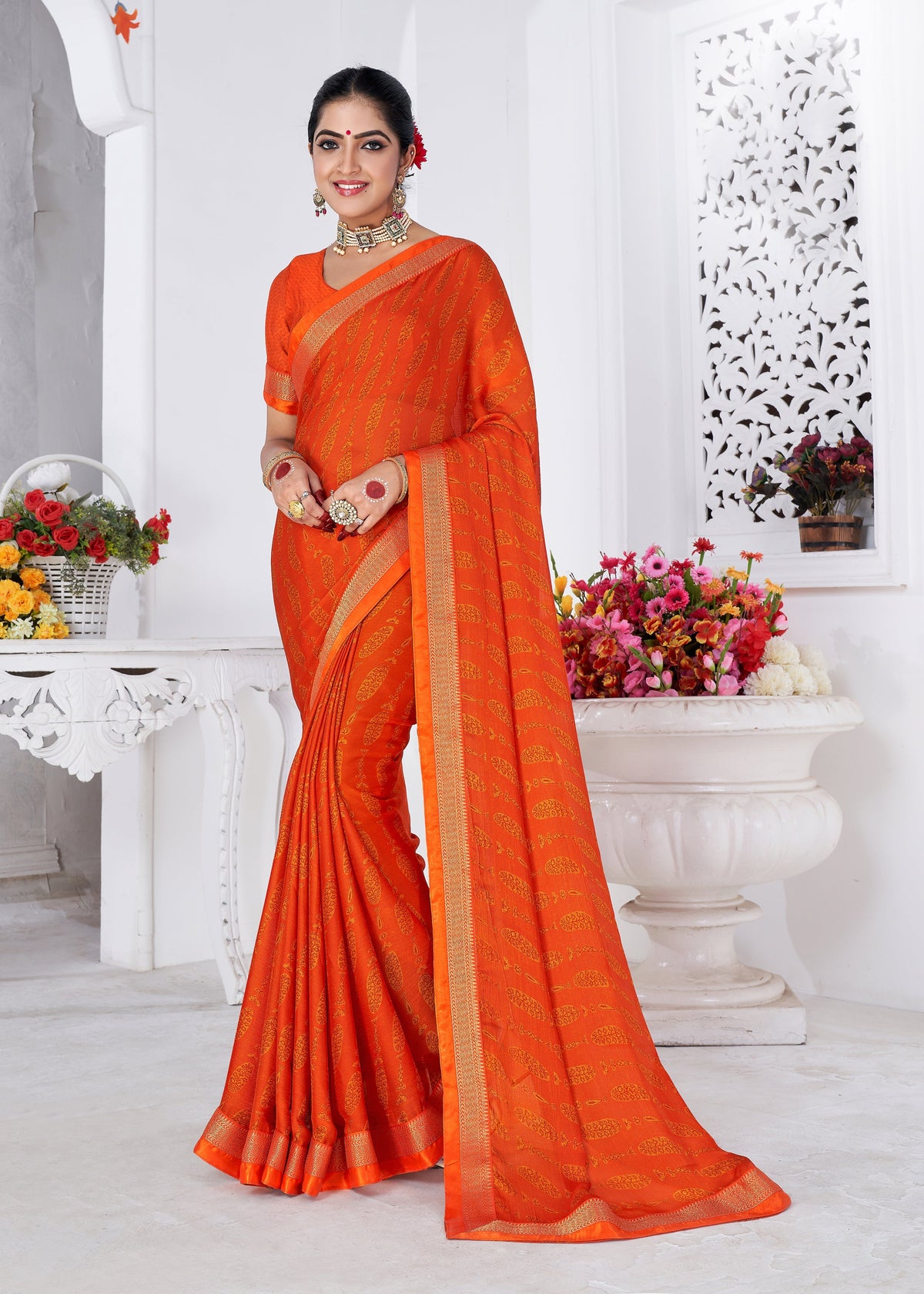 Elegant Orange Chiffon Bandhani Saree