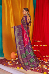 Luxurious Tussar Silk Saree with Swarovski Crystals in Vibrant Pink