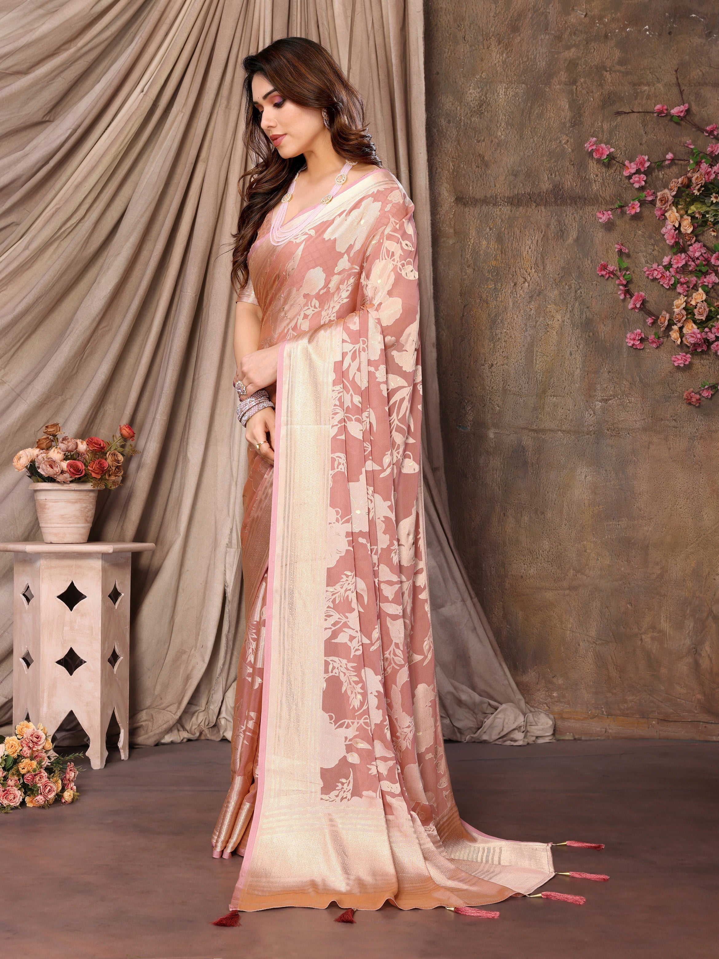 Exquisite Pink Brasso Floral Saree