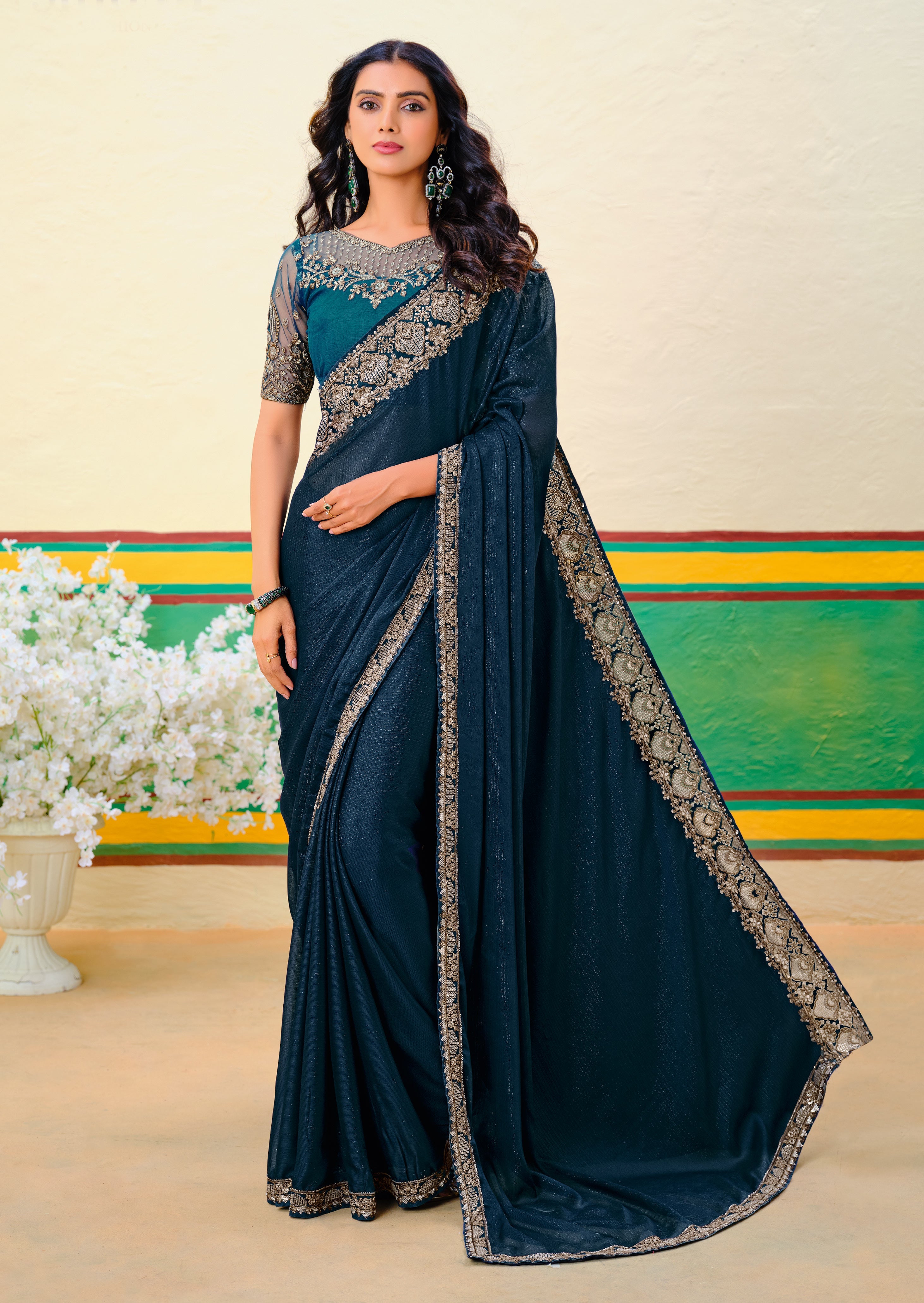 Peacock Blue Georgette Zari Embroidery Saree-4273