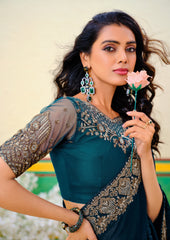 Peacock Blue Georgette Zari Embroidery Saree-4273