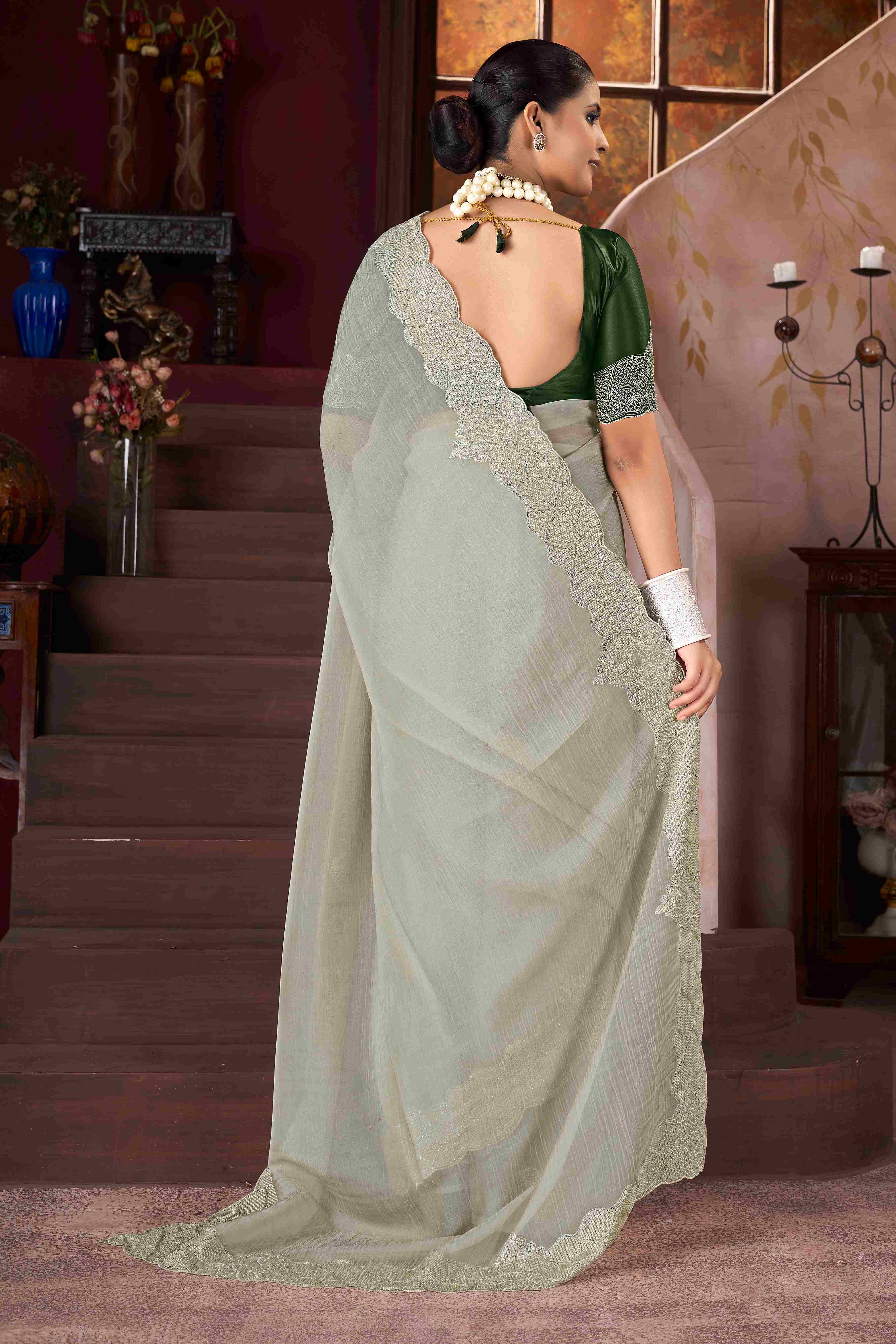 Elegant Grey Embroidery Saree