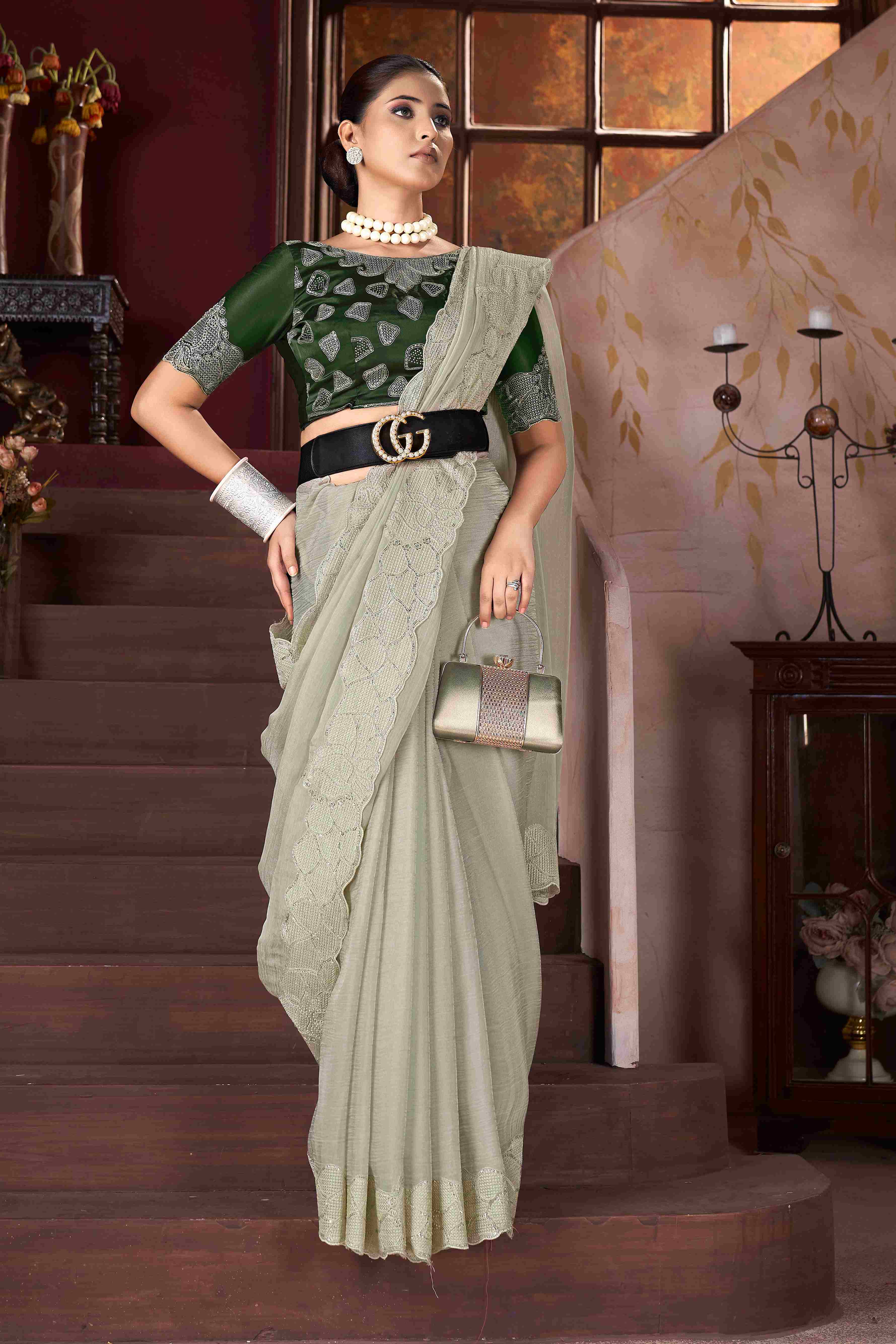 Elegant Grey Embroidery Saree