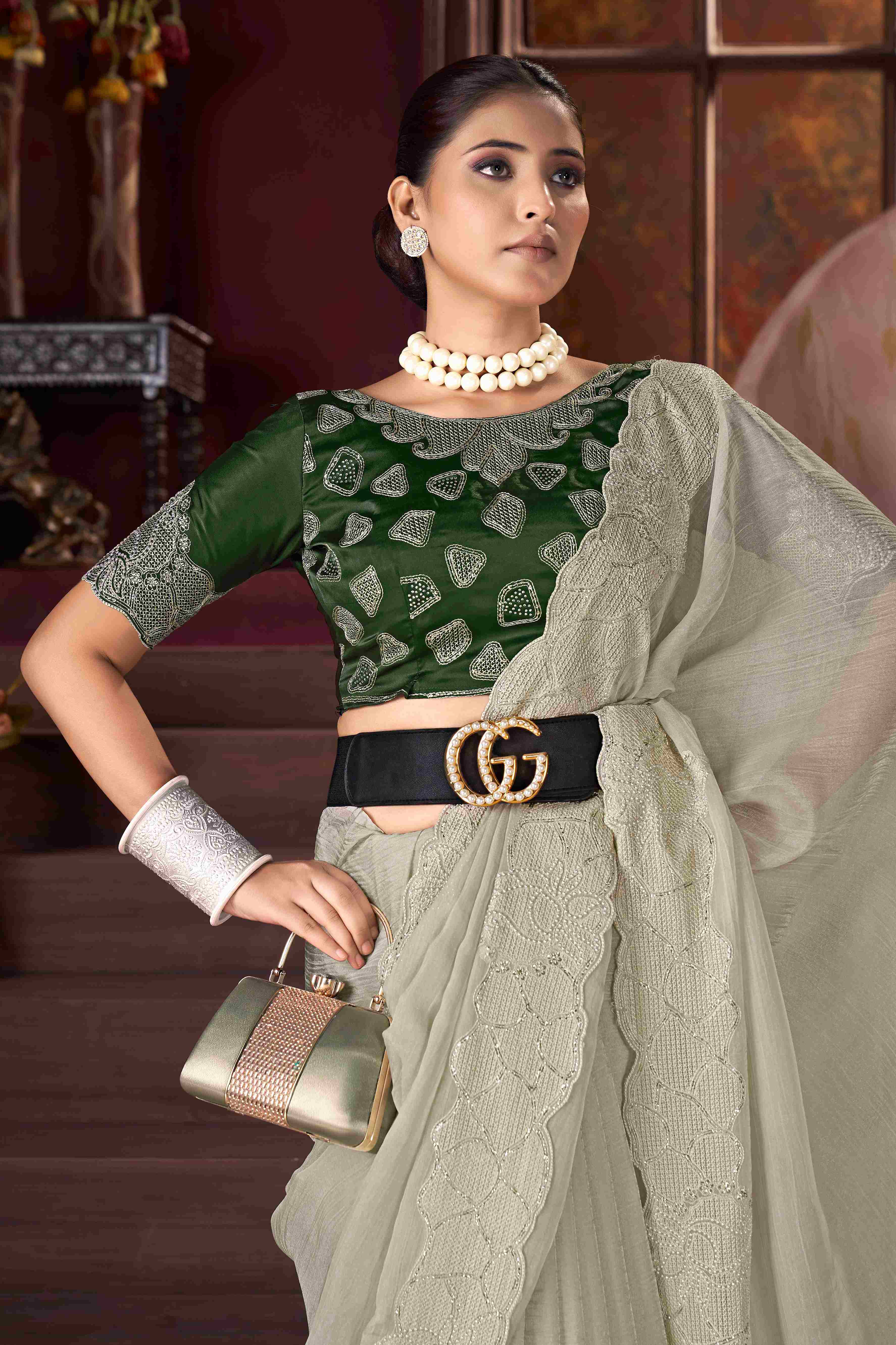 Elegant Grey Embroidery Saree