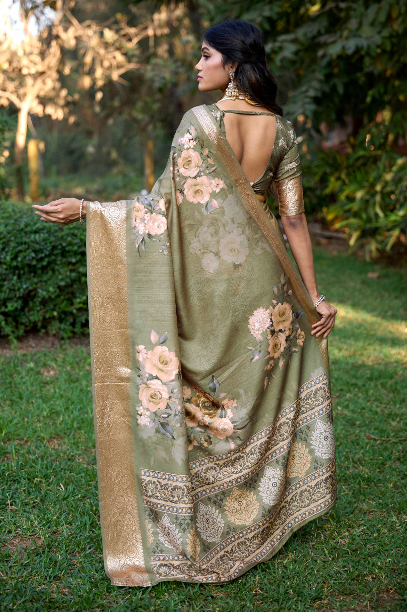 Pastel Brown Cotton Silk Digital Floral Print Saree-4430