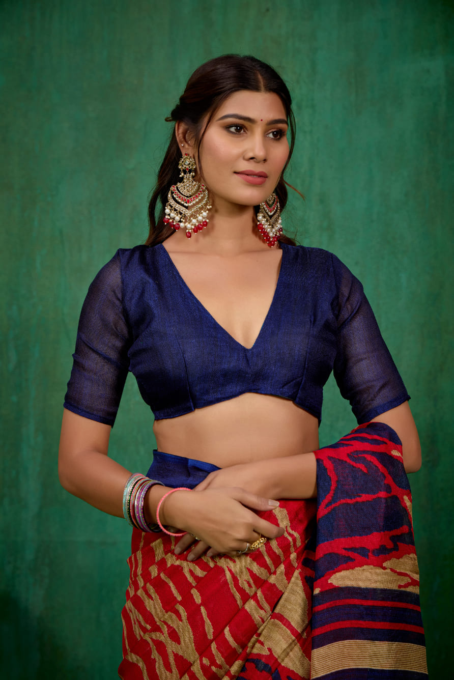 Shop Stylish Red Linen Printed Ready to Wear Sarees Online - Affordable Prices-RTW-1904