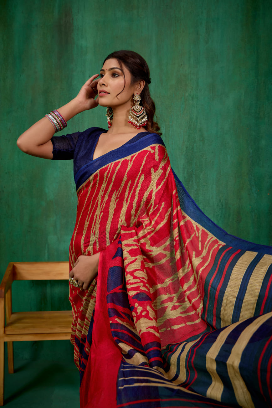 Shop Stylish Red Linen Printed Ready to Wear Sarees Online - Affordable Prices-RTW-1904
