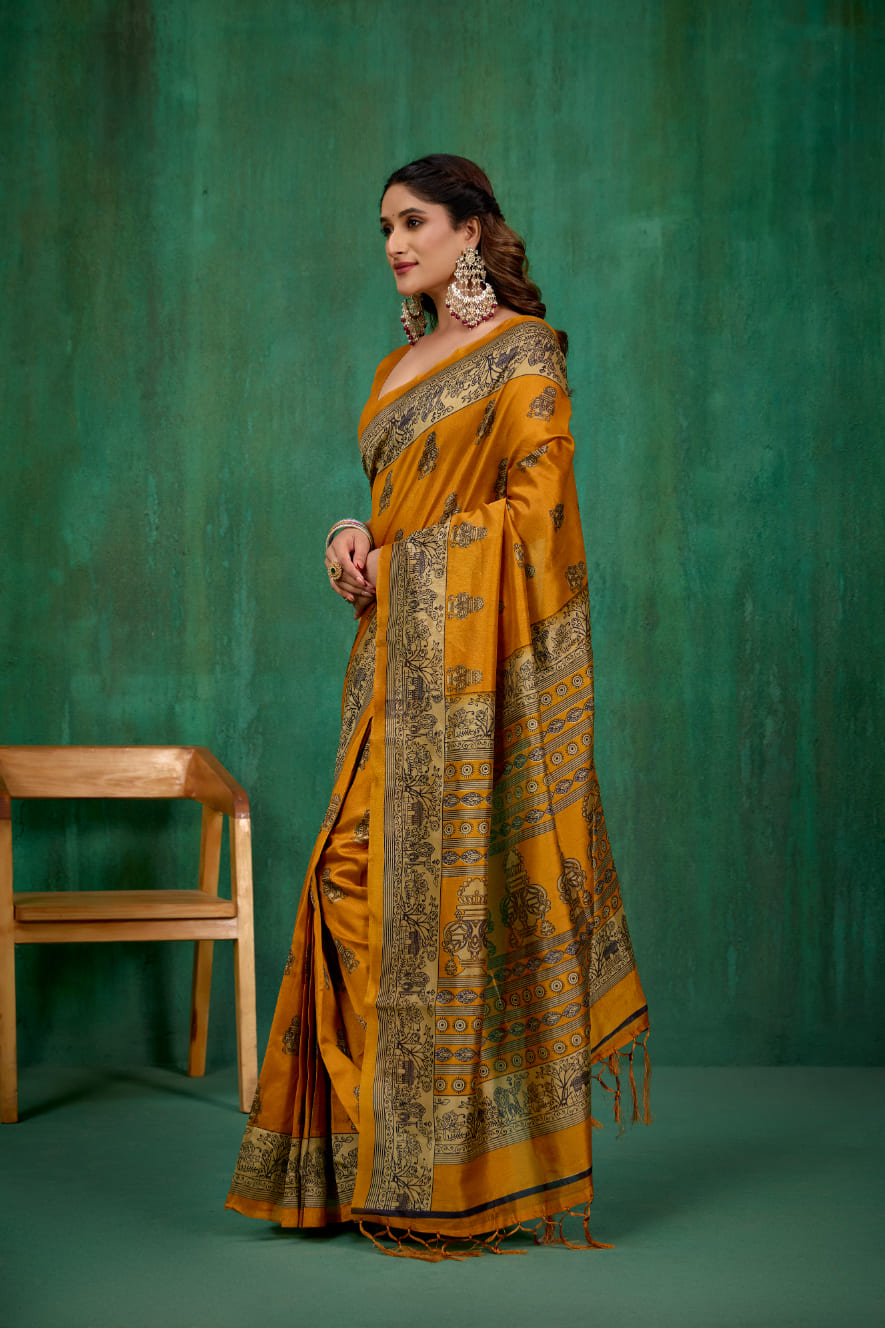 Shop Elegant Mustard Mysore Art Silk Printed Ready to Wear Saree Online - Best Prices-RTW-1944