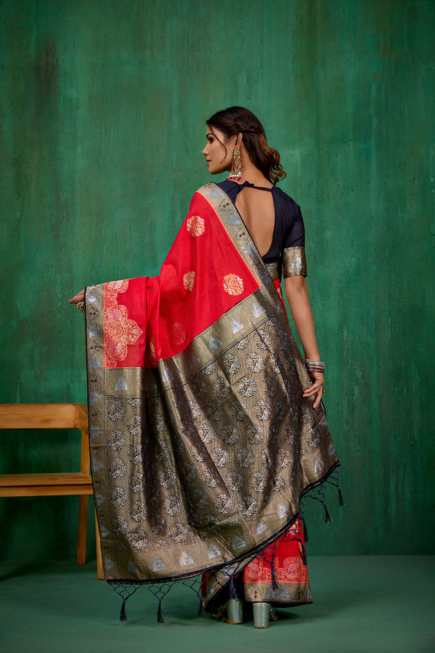 Shop Elegant Red Banarasi Art Silk Woven Ready to Wear Saree Online - Best Prices-RTW-2063